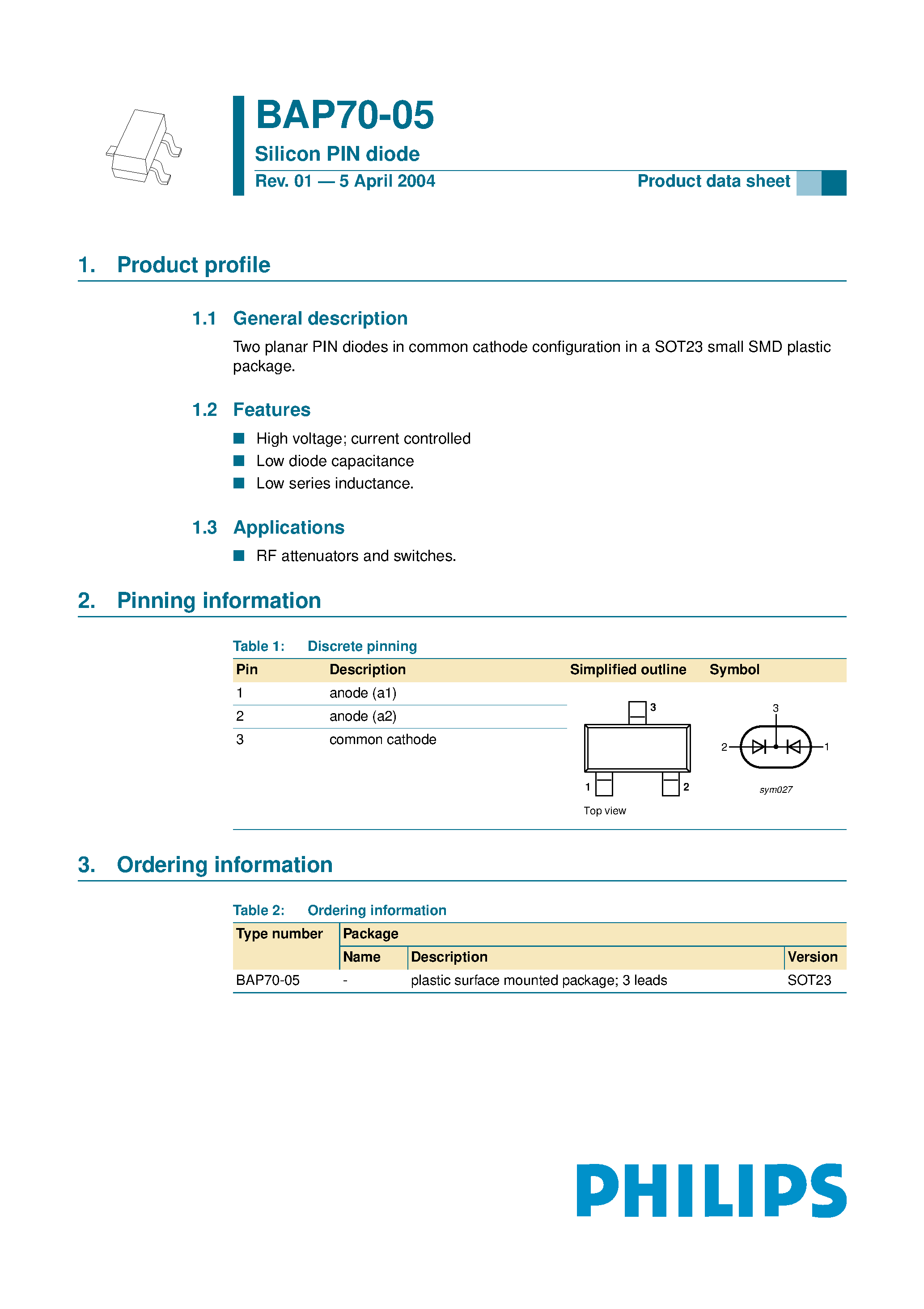 Datasheet BAP70-05 - Silicon PIN diode page 1
