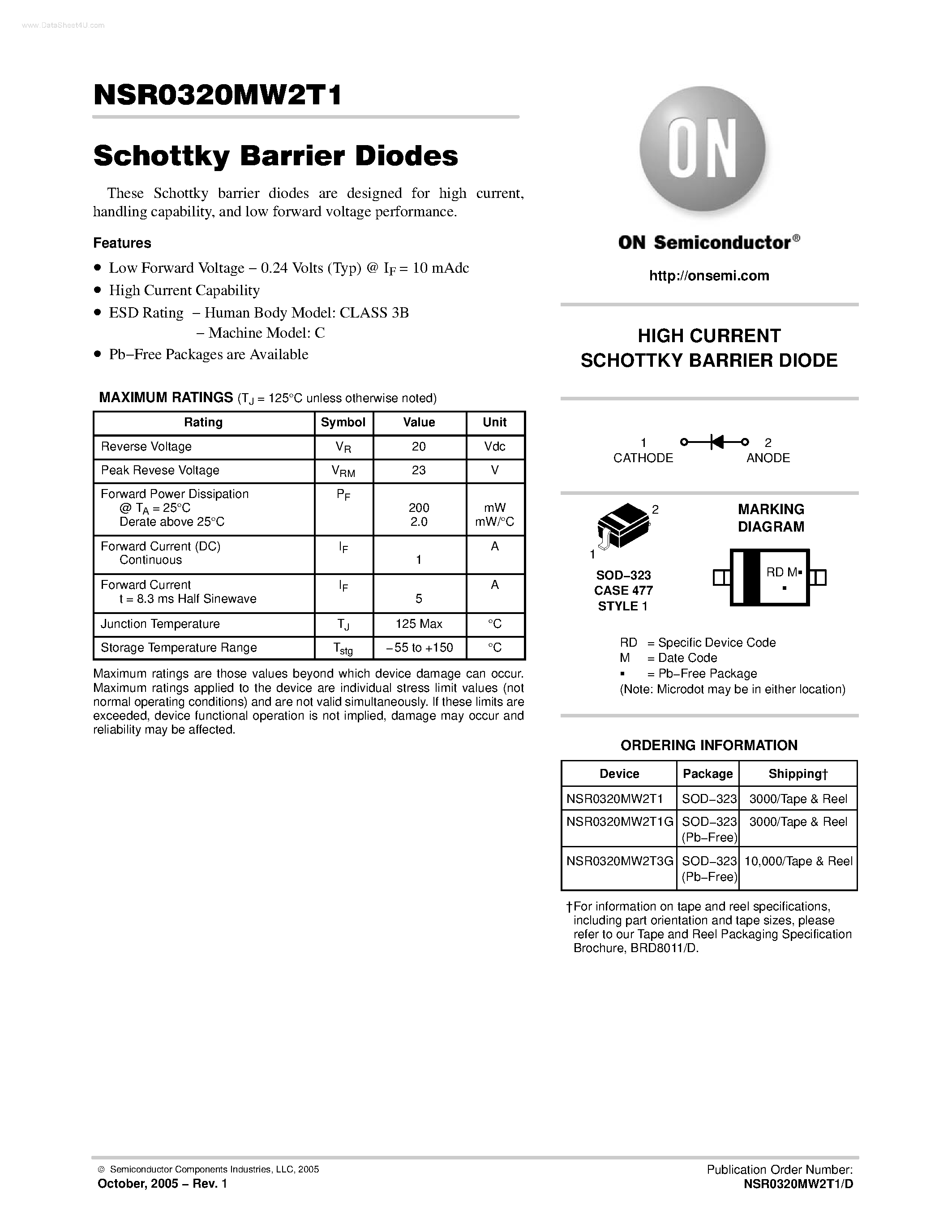 Даташит на микросхему NSR0320MW2T1 страница 1 Даташит NSR0320MW2T1 - Schottky Barrier Diodes страница 1