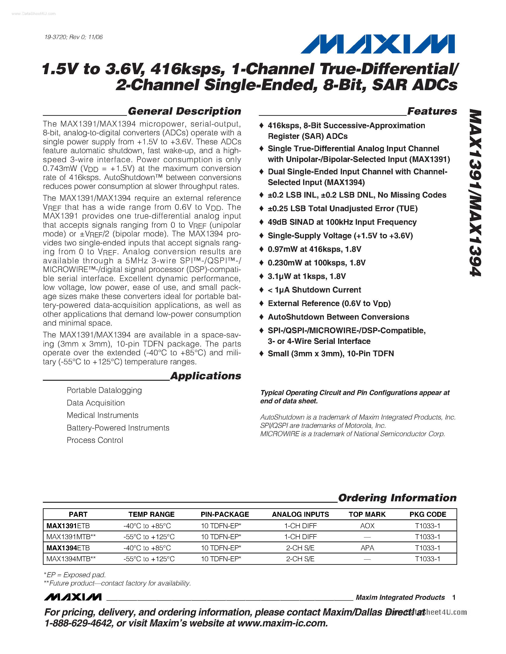 Datasheet MAX1391 - (MAX1391 / MAX1394) 1-Channel True-Differential/ 2-Channel Single-Ended page 1