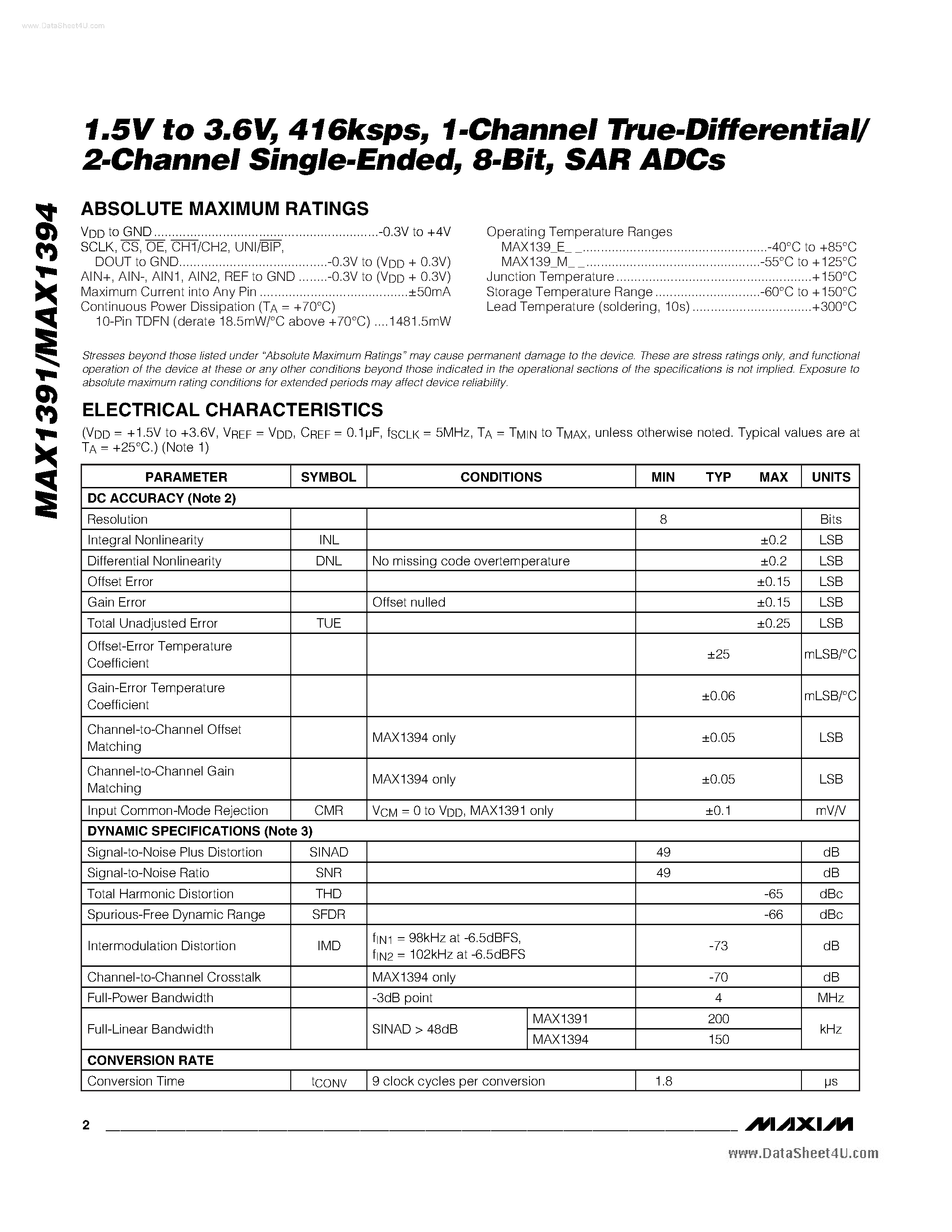 Datasheet MAX1391 - (MAX1391 / MAX1394) 1-Channel True-Differential/ 2-Channel Single-Ended page 2