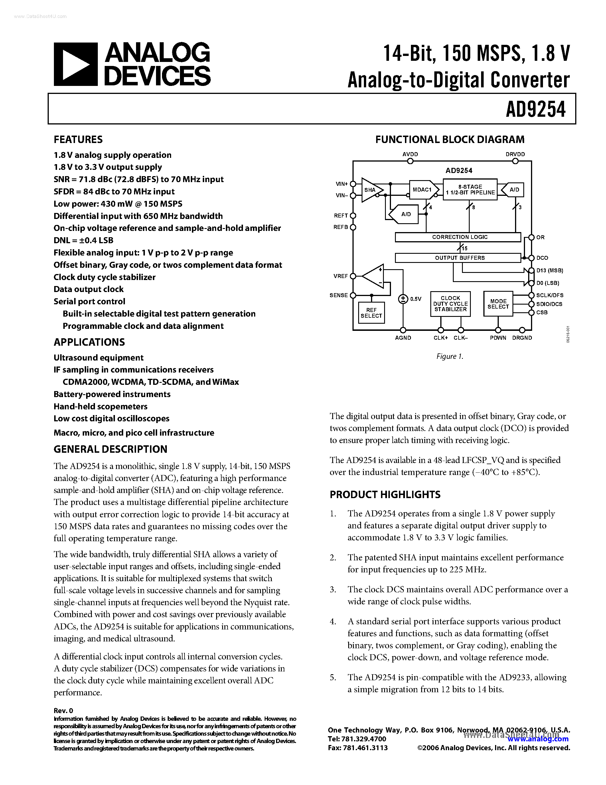 Datasheet AD9254 - 14-Bit Analog to Digital Converter page 1