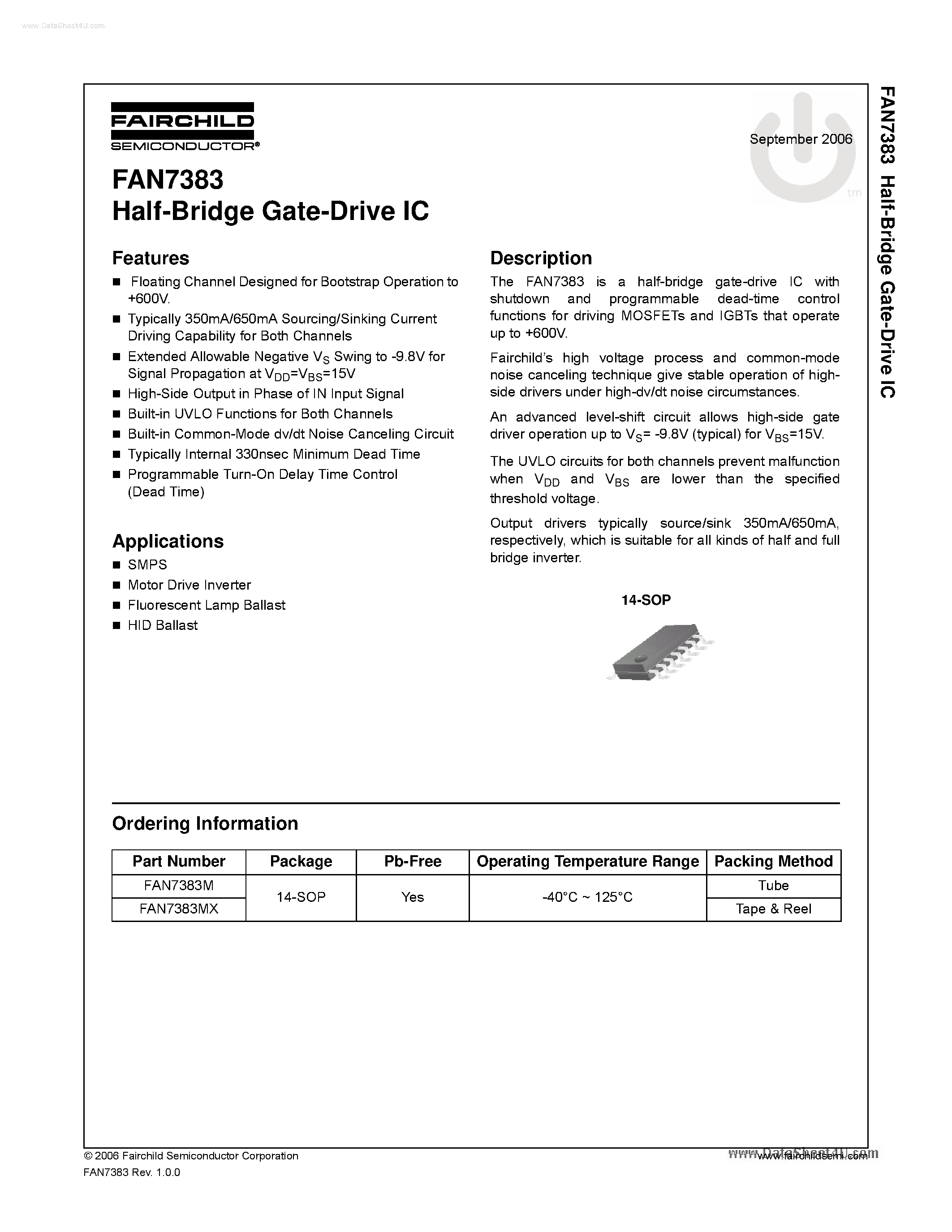Даташит на микросхему FAN7383 страница 1 Даташит FAN7383 - Half Bridge Gate Driver страница 1