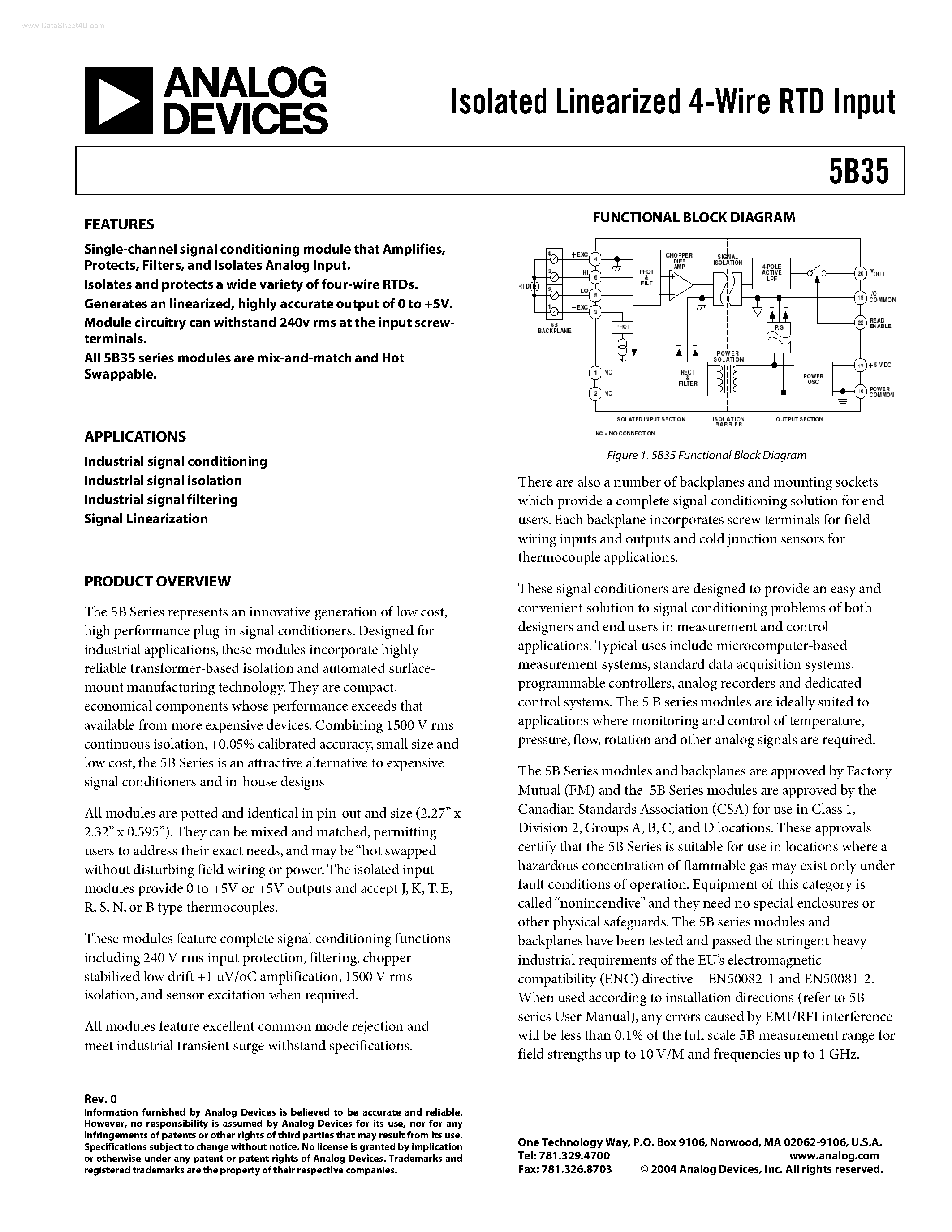 Datasheet 5B35 - ISOLATED LINEARIZED 4-WIRE RDT INPUT page 1