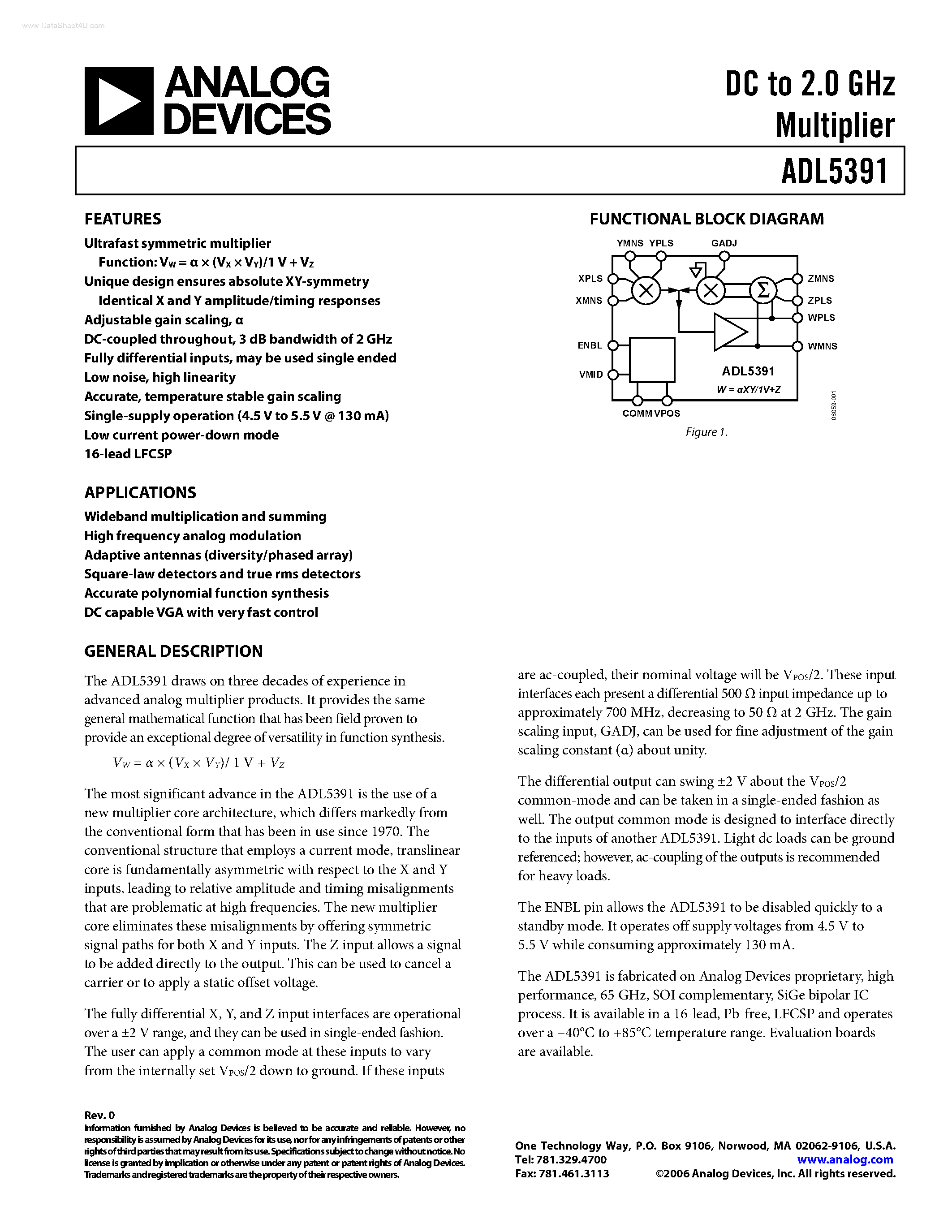 Datasheet ADL5391 - DC to 2.0 GHz Multiplier page 1