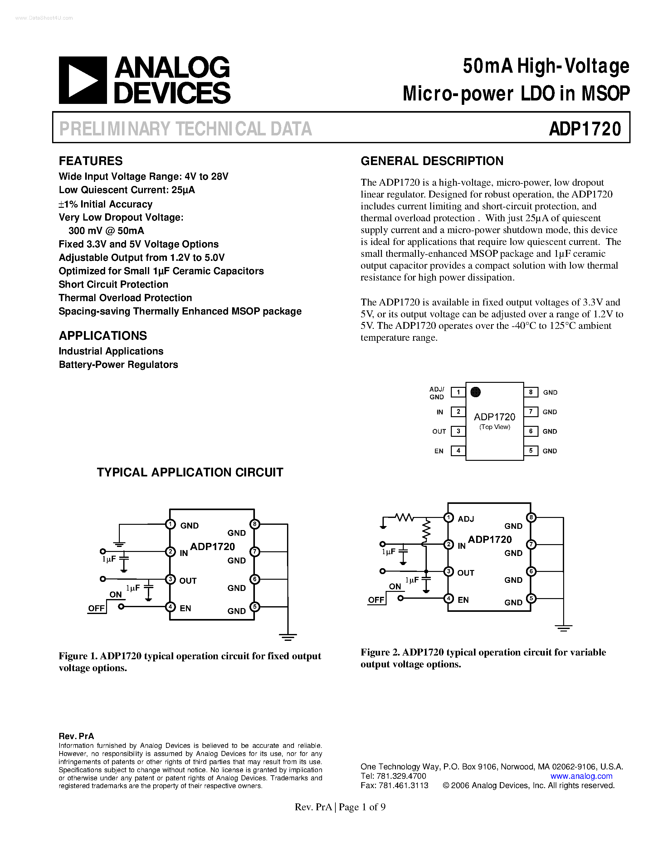 Datasheet ADP1720 - High-Voltage Micro-power LDO page 1