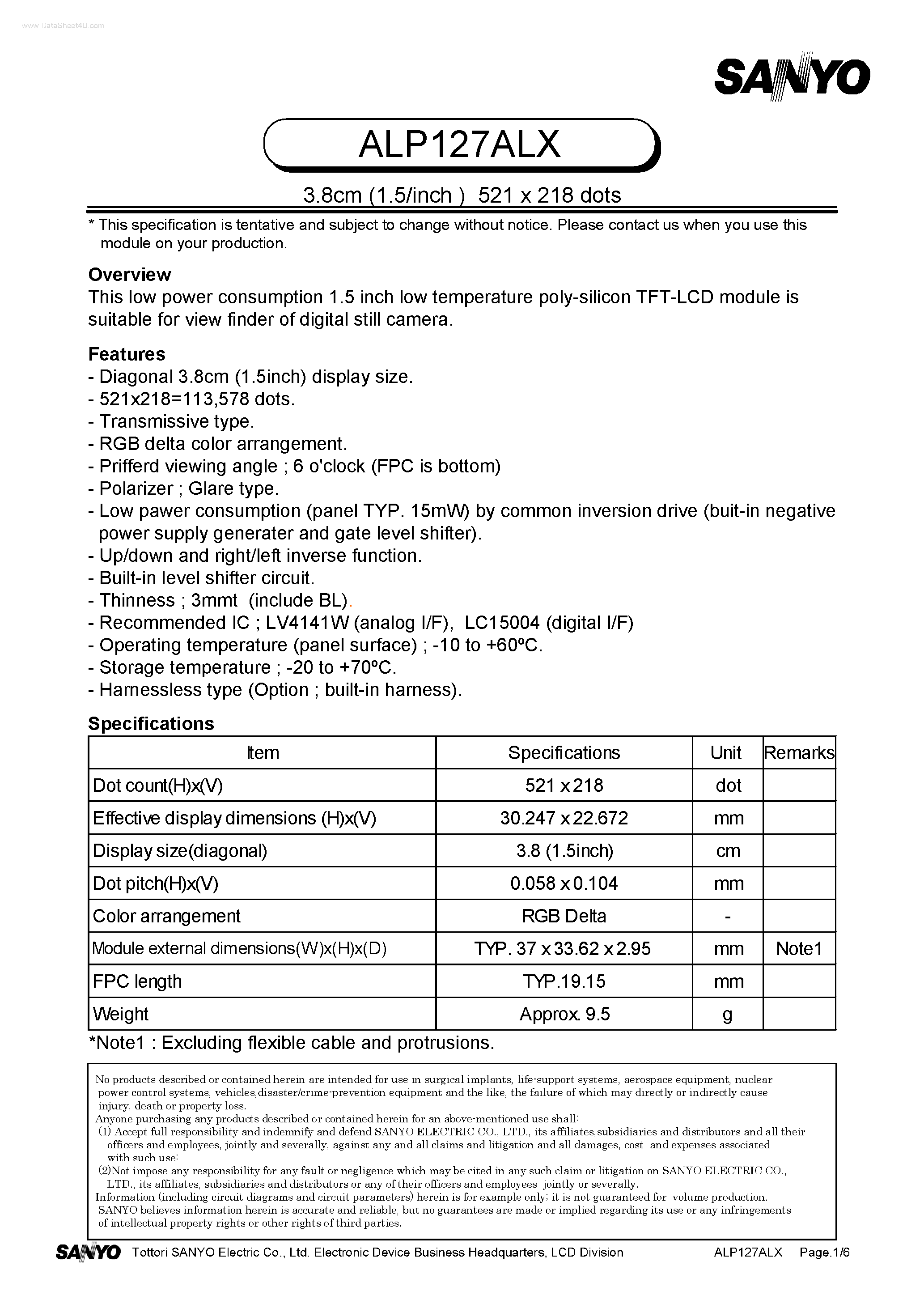 Datasheet ALP127ALX - low power consumption 1.5 inch low temperature poly-silicon TFT-LCD module is suitable page 1