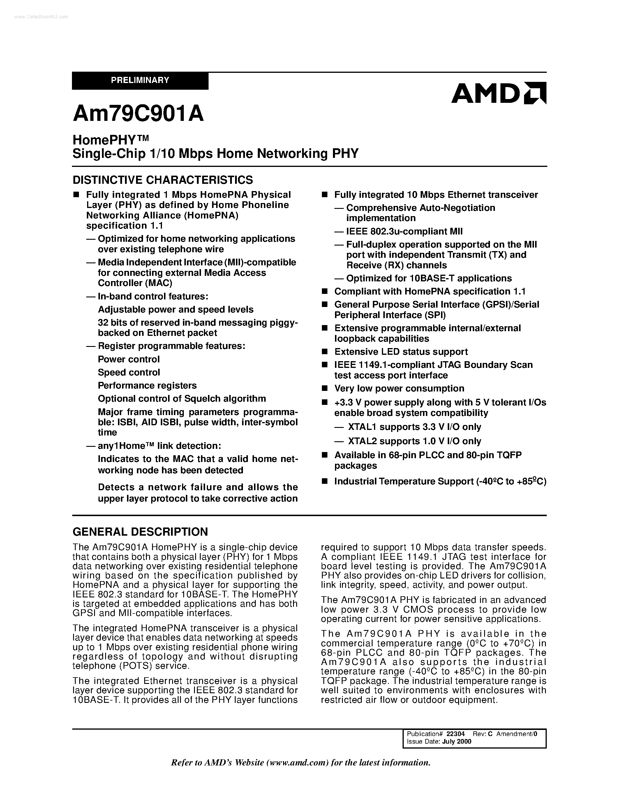 Datasheet AM79C901A page 1 Datasheet AM79C901A - HomePHY Single-Chip 1/10 Mbps Home Networking PHY page 1
