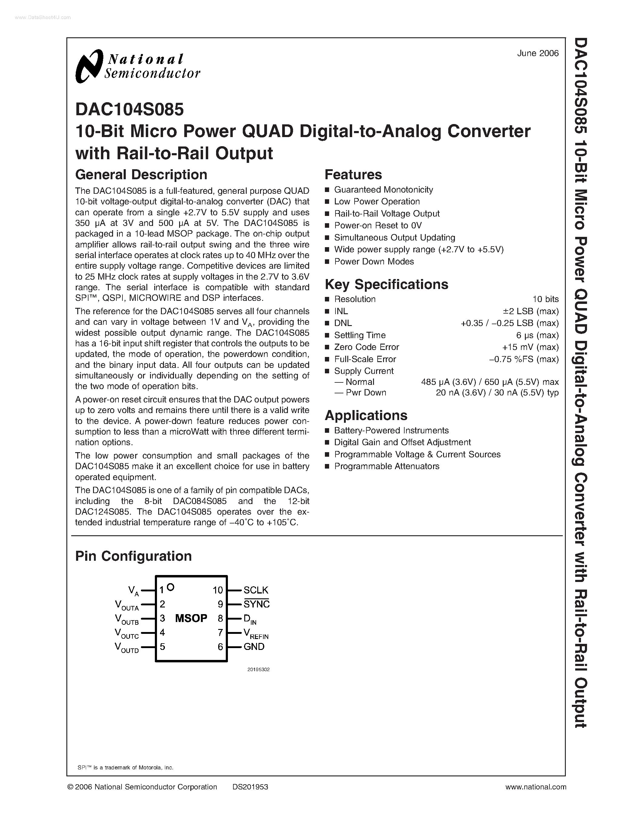 Datasheet DAC104S085 page 1 Datasheet DAC104S085 - 10-Bit Micro Power QUAD Digital-to-Analog Converter page 1