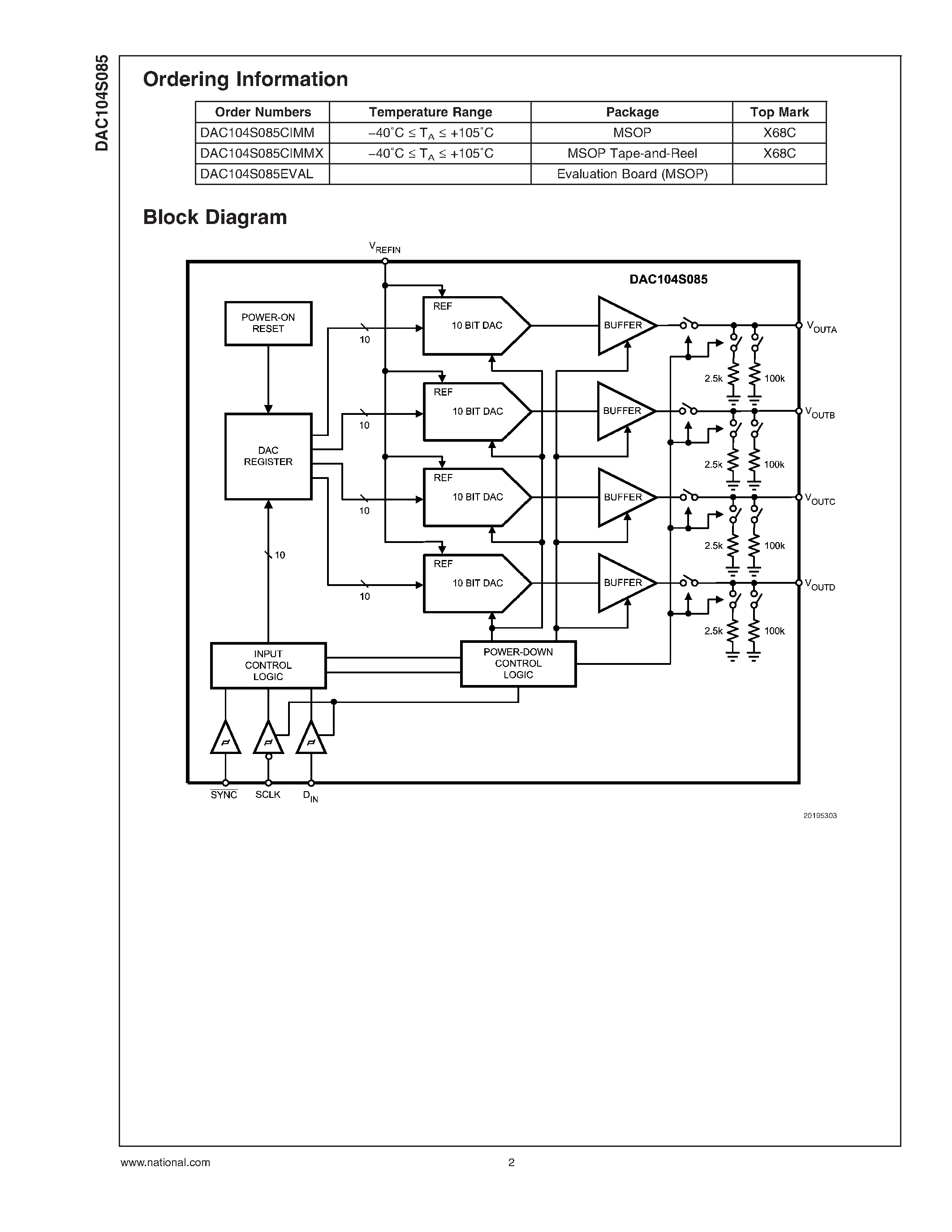 Datasheet DAC104S085 page 2 Datasheet DAC104S085 - 10-Bit Micro Power QUAD Digital-to-Analog Converter page 2