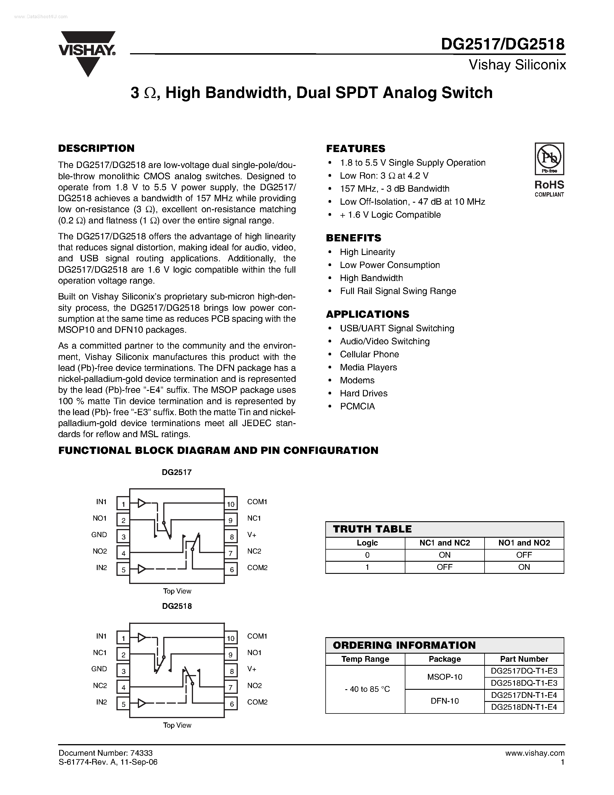 Даташит на микросхему DG2517 страница 1 Даташит DG2517 - (DG2517 / DG2518) Dual SPDT Analog Switch страница 1