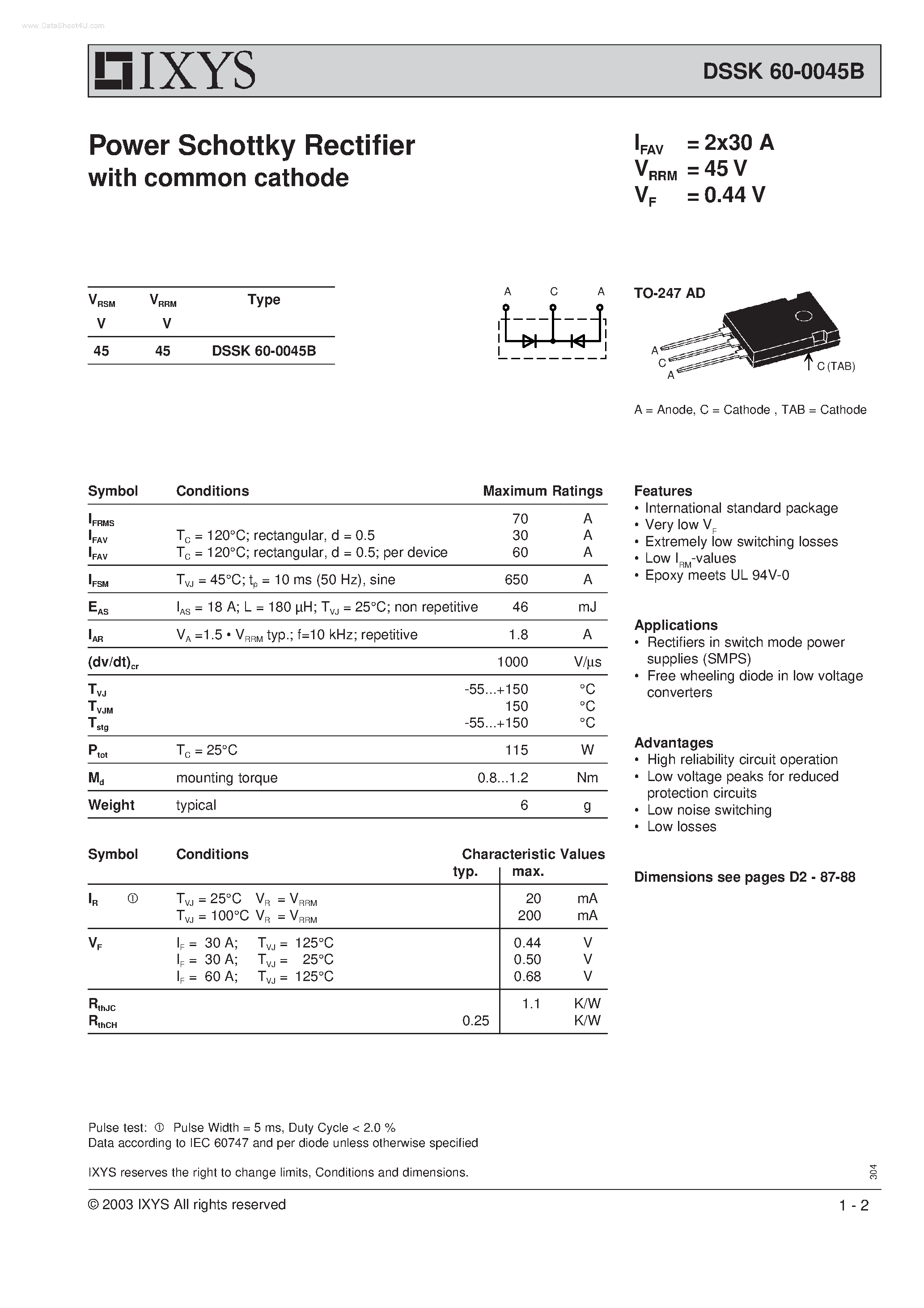 Datasheet DSSK60-0045B page 1 Datasheet DSSK60-0045B - Power Schottky Rectifier page 1