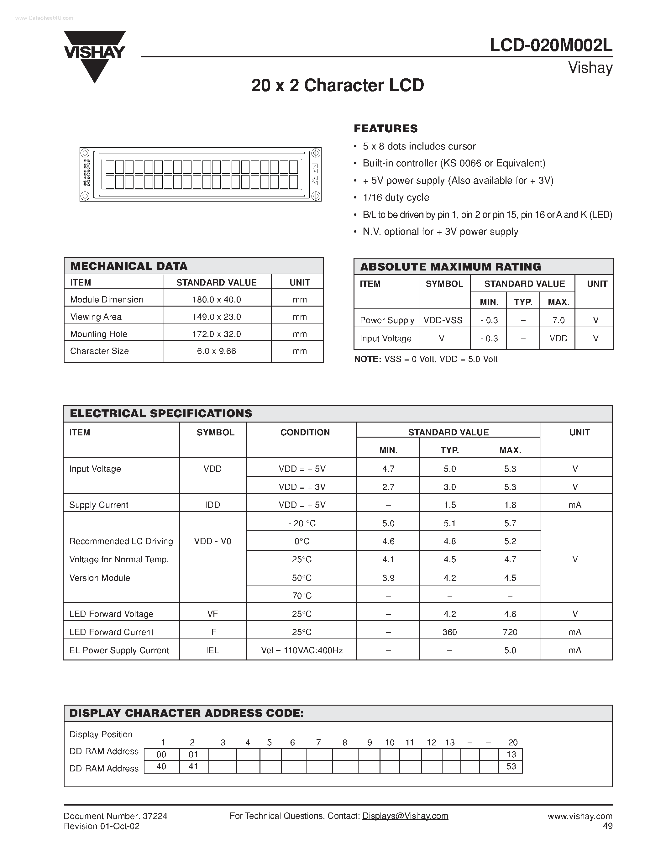Datasheet LCD-020M002L page 1 Datasheet LCD-020M002L - 20 x 2 Character LCD page 1