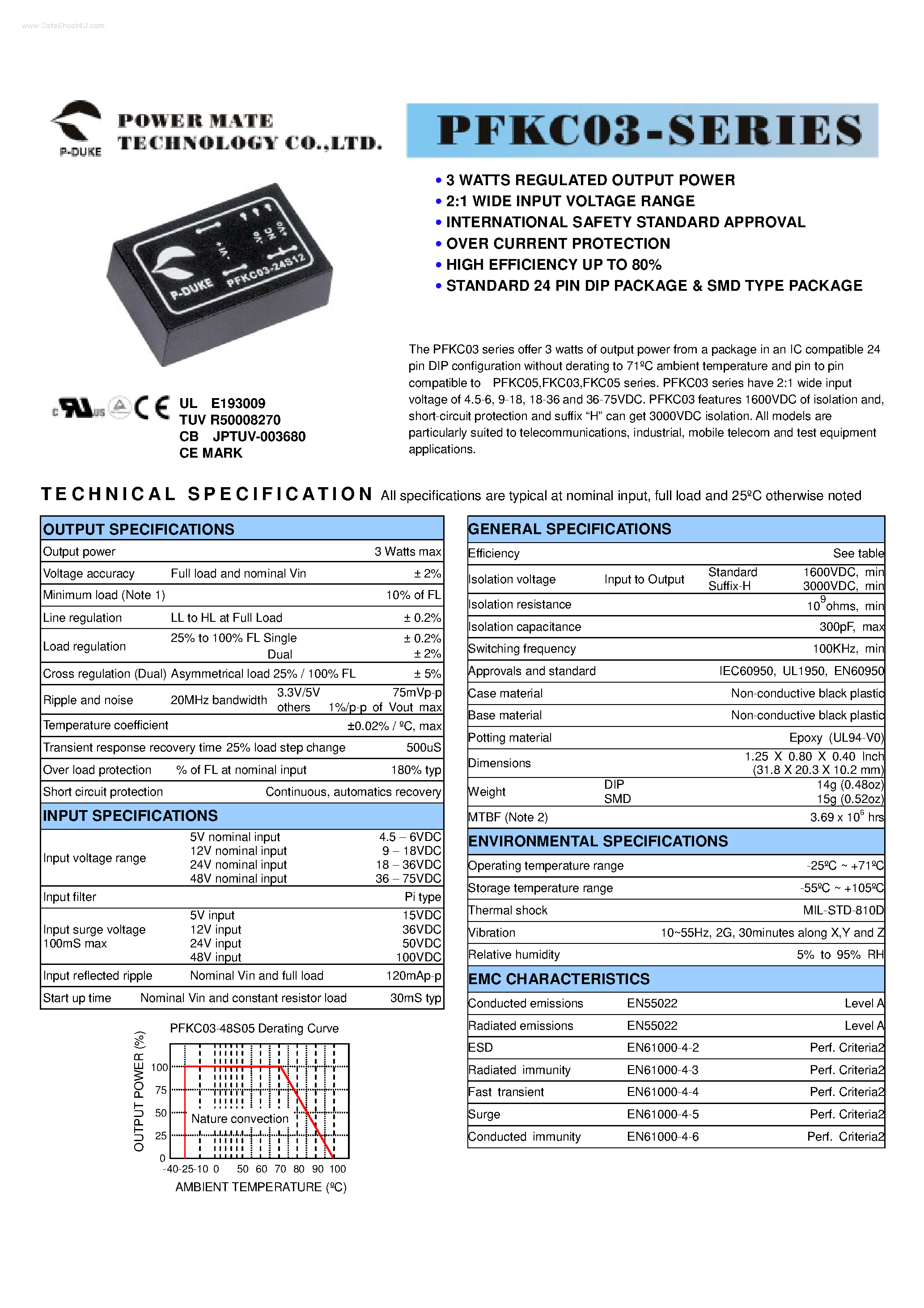 Datasheet PFKC03 - 3 WATTS REGULATED OUTPUT POWER page 1