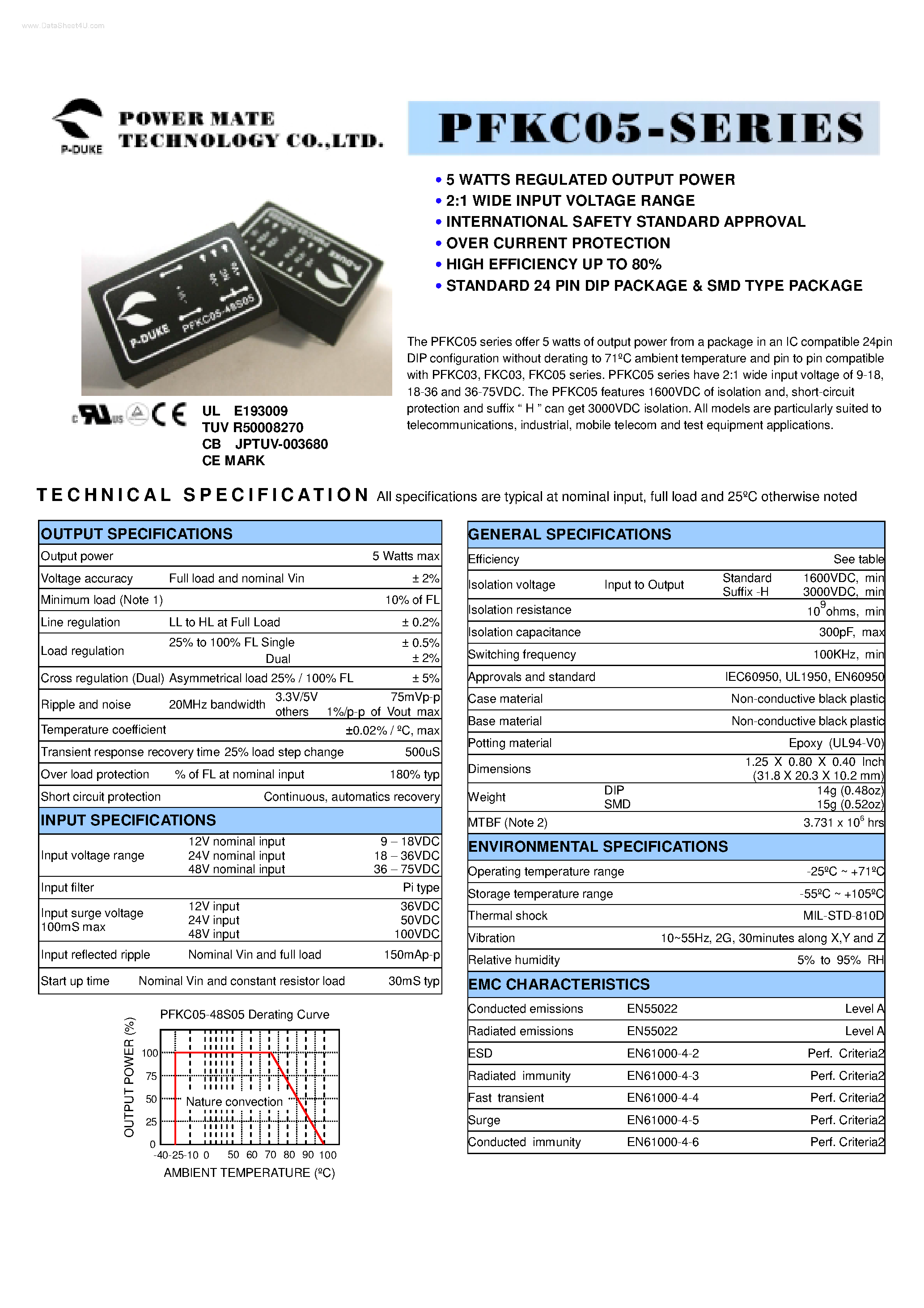 Datasheet PFKC05 - 5 WATTS REGULATED OUTPUT POWER page 1