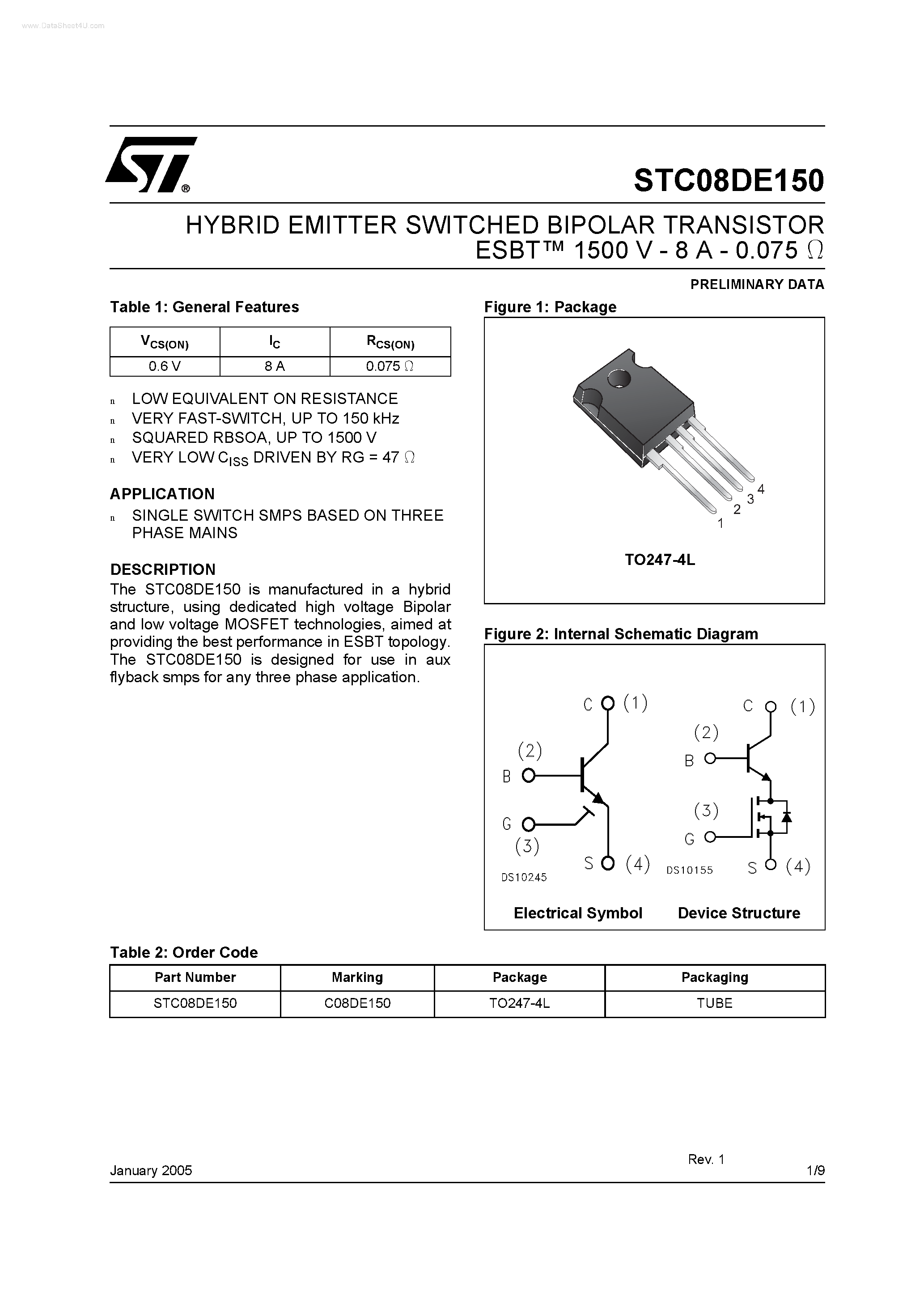 Datasheet STC08DE150 page 1 Datasheet STC08DE150 - HYBRID EMITTER SWITCHED BIPOLAR TRANSISTOR page 1