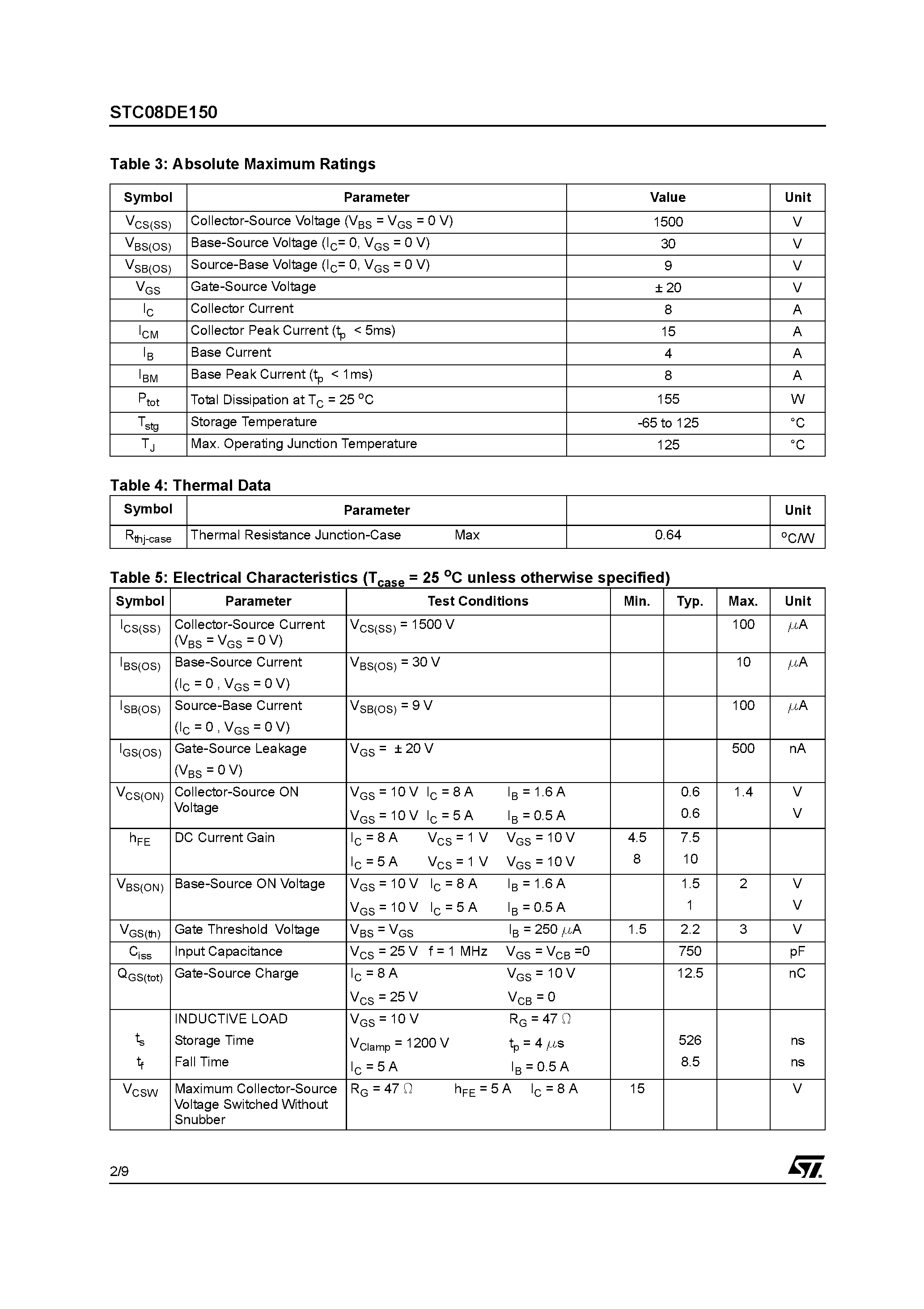Datasheet STC08DE150 page 2 Datasheet STC08DE150 - HYBRID EMITTER SWITCHED BIPOLAR TRANSISTOR page 2