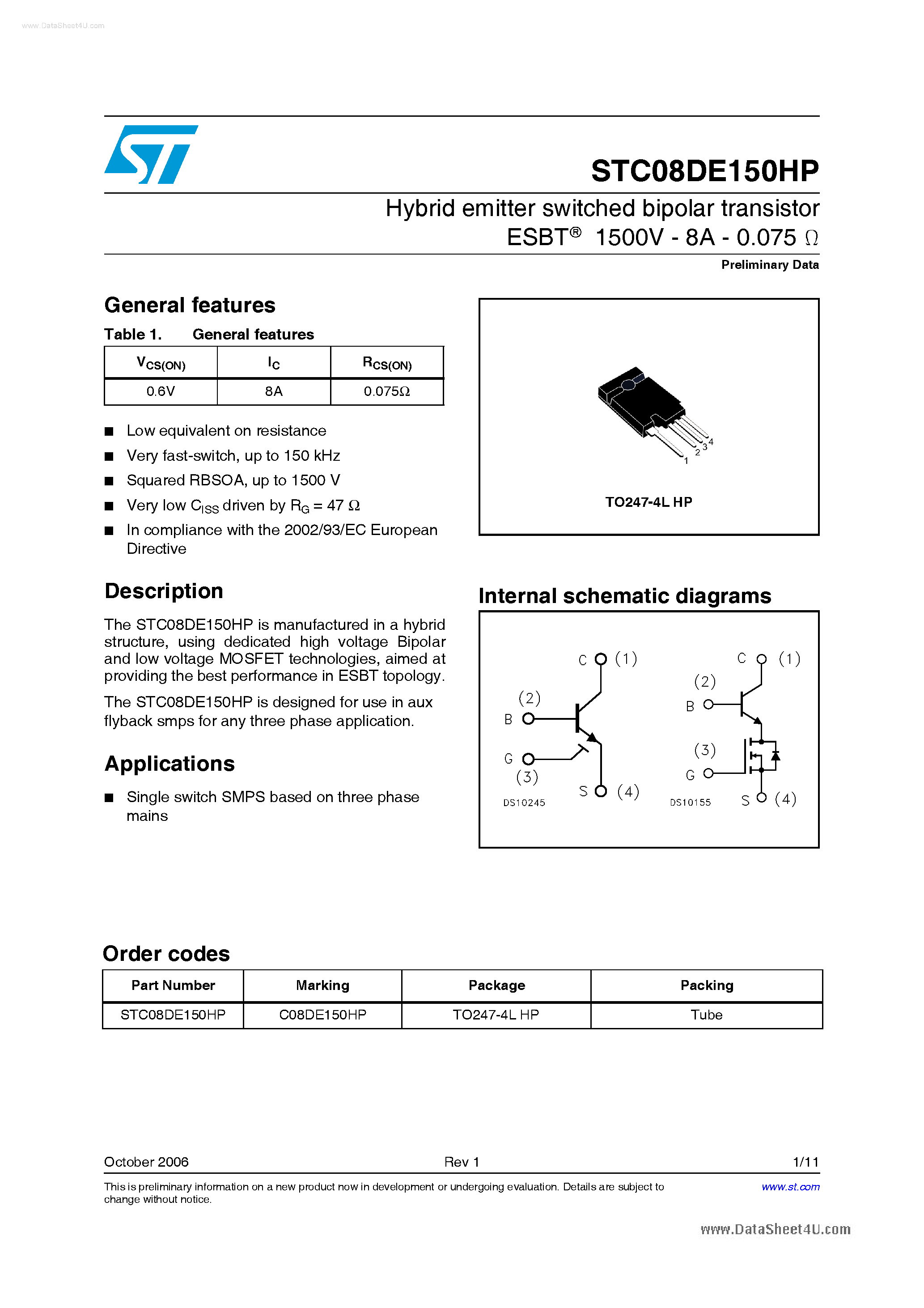 Datasheet STC08DE150HP - Hybrid Emitter Switched Bipolar Transistor page 1