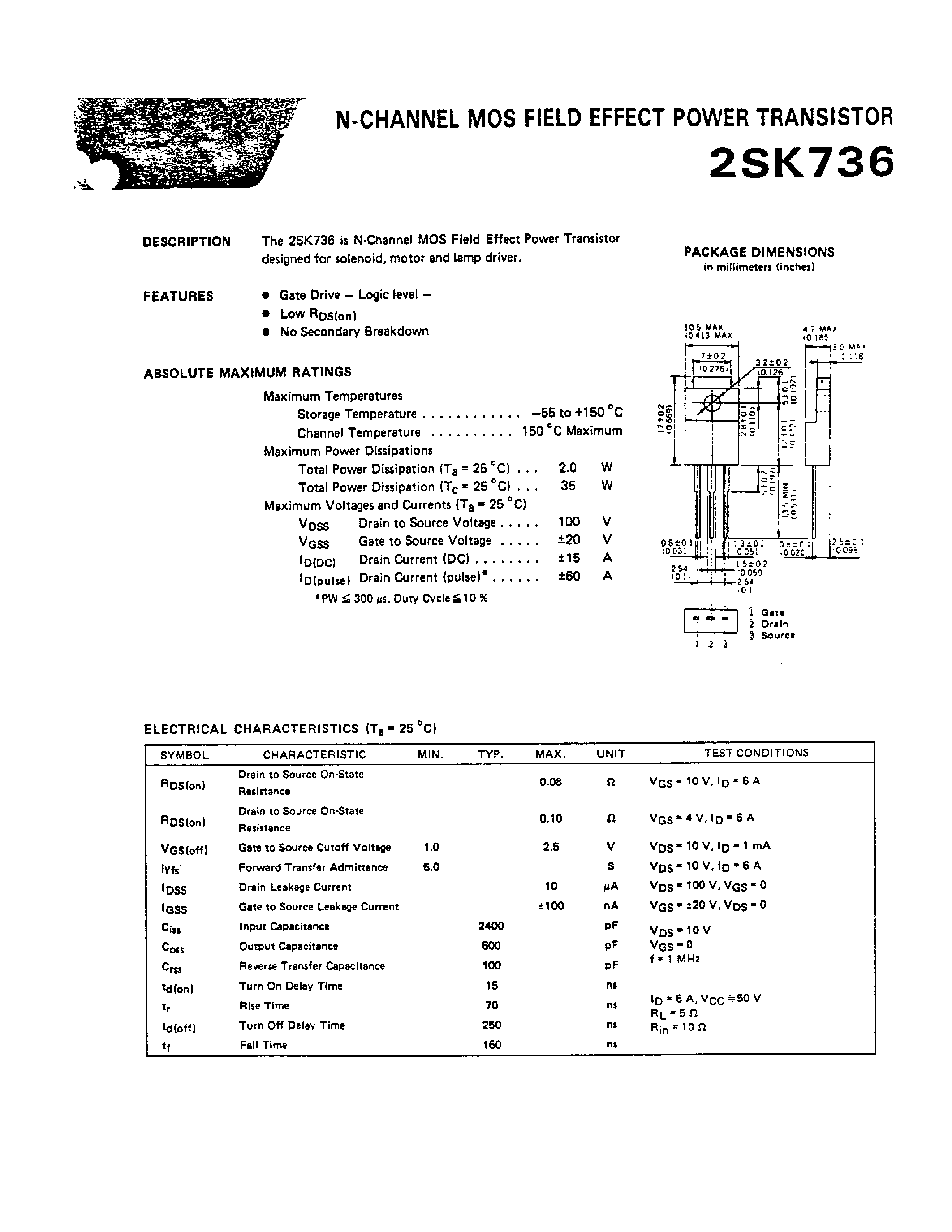 Datasheet 2SK736 page 1 Datasheet 2SK736 - N-CHANNEL MOS FIELD EFFECT POWER TRANSISTOR page 1