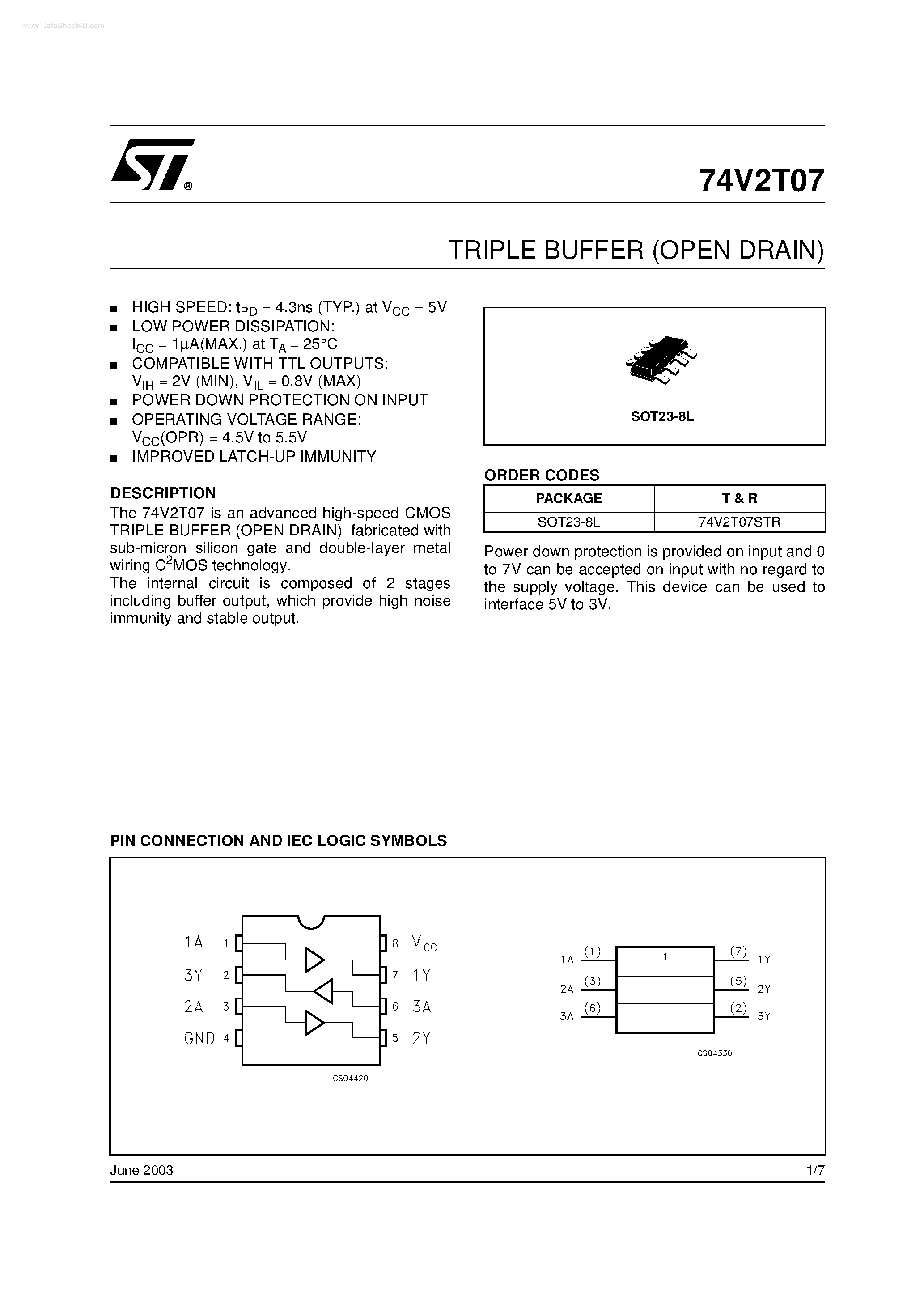 Datasheet 74V2T07 page 1 Datasheet 74V2T07 - TRIPLE BUFFER page 1