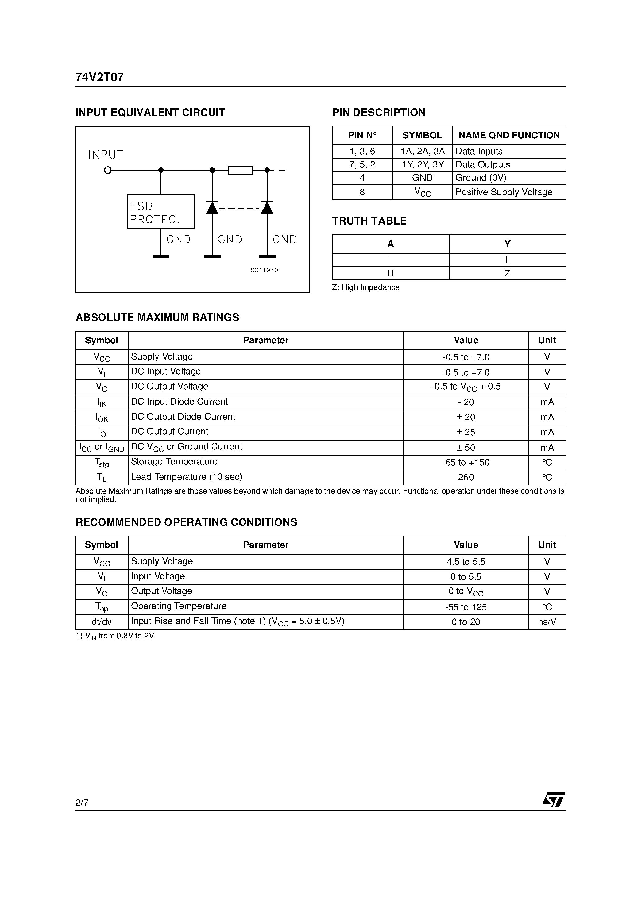 Datasheet 74V2T07 page 2 Datasheet 74V2T07 - TRIPLE BUFFER page 2