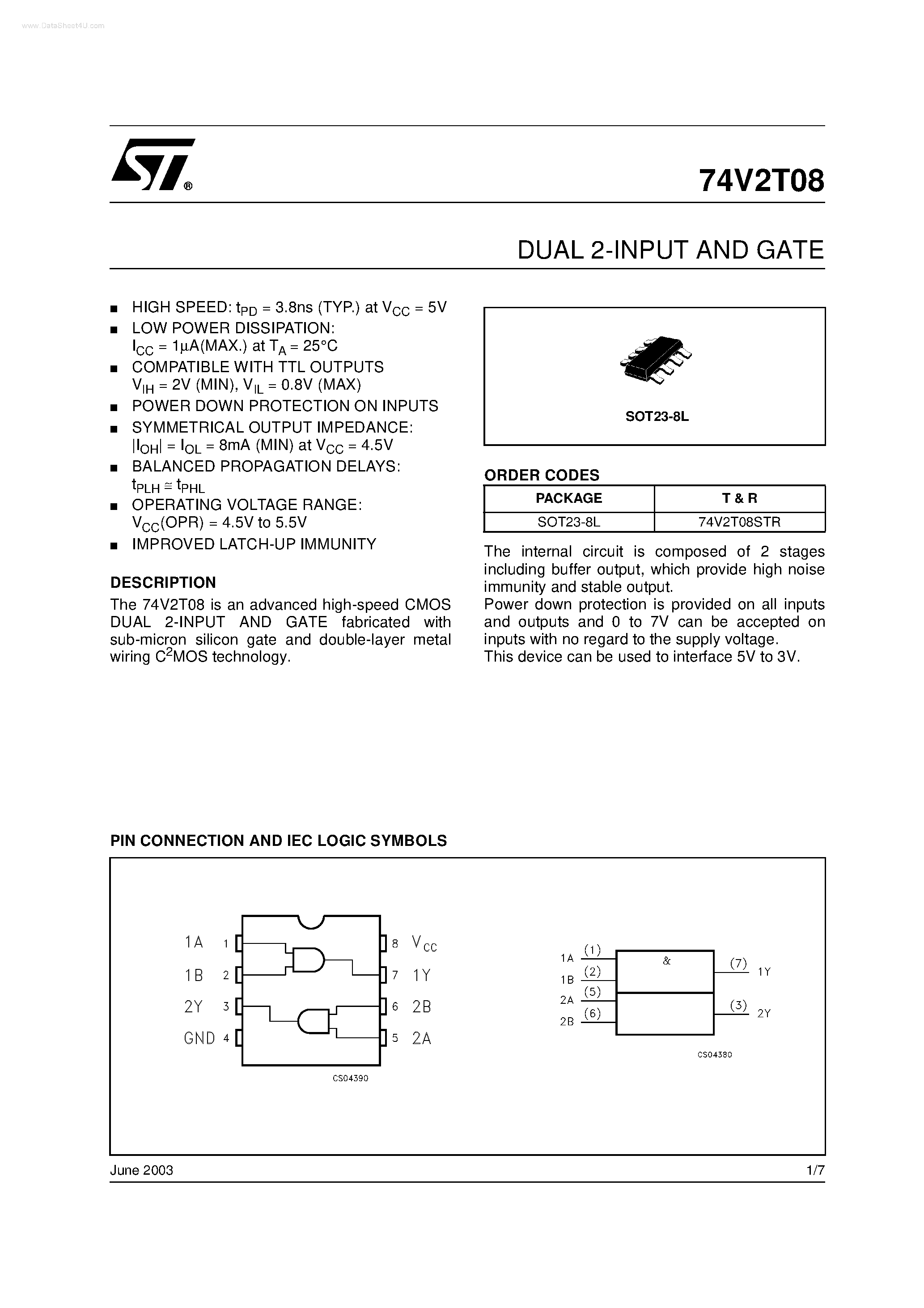 Datasheet 74V2T08 page 1 Datasheet 74V2T08 - DUAL 2-INPUT AND GATE page 1