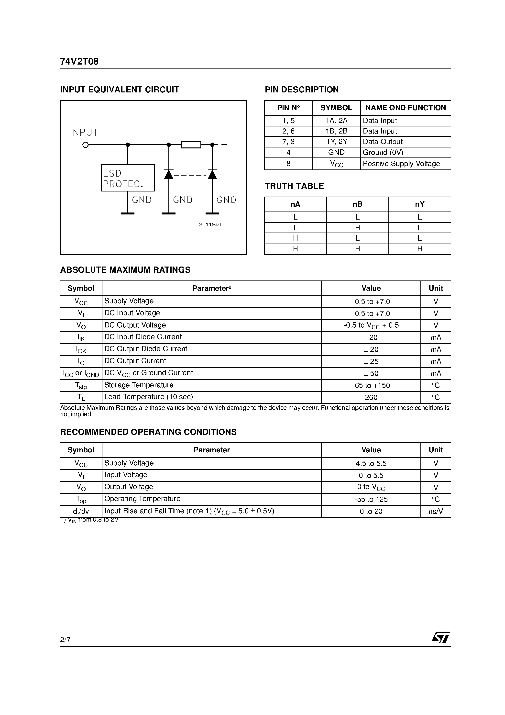 Datasheet 74V2T08 page 2 Datasheet 74V2T08 - DUAL 2-INPUT AND GATE page 2