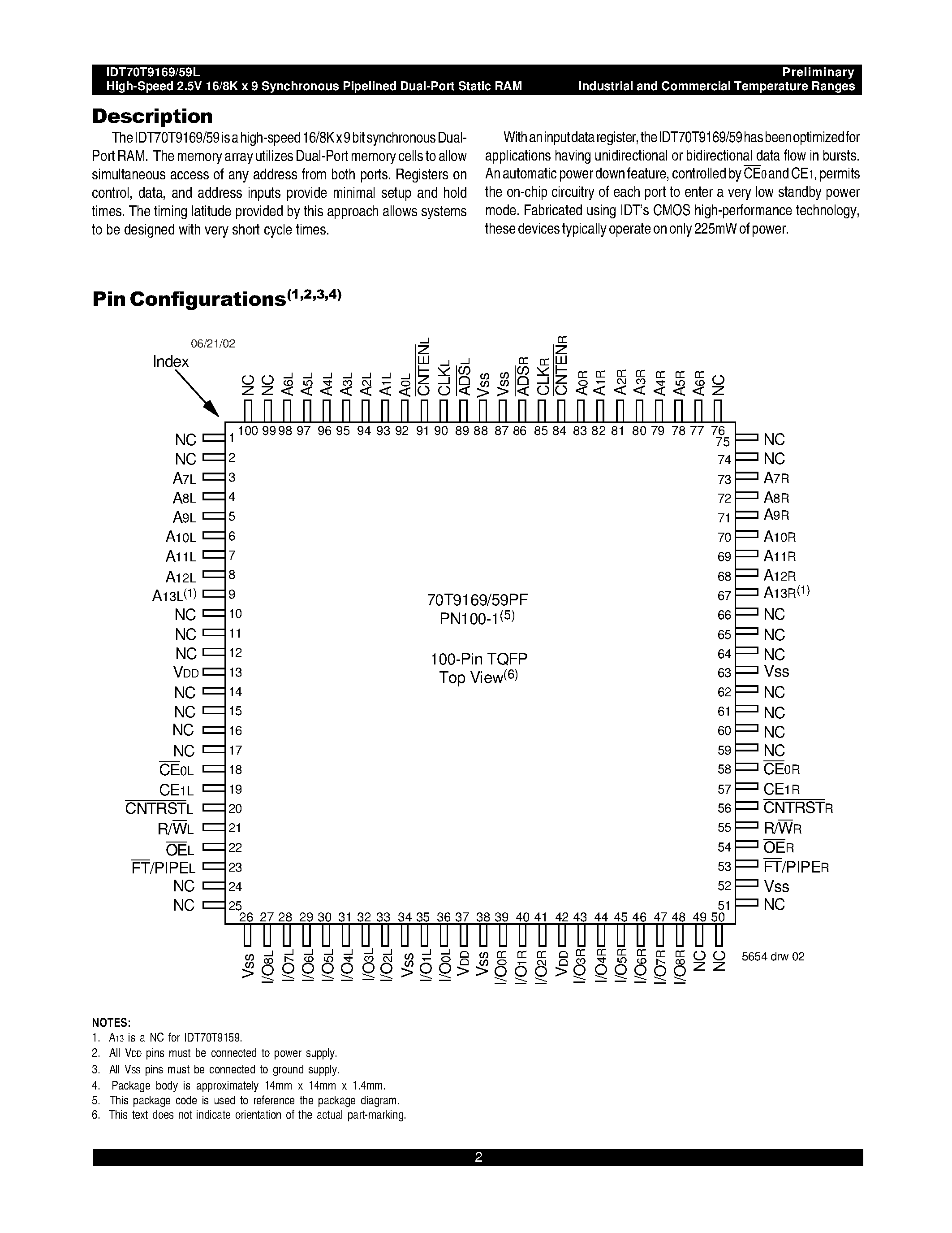 Datasheet IDT70T9159L - (IDT70T9159L / IDT70T9169) HIGH-SPEED 2.5V 16/8K X 9 SYNCHRONOUS PIPELINED DUAL-PORT STATIC RAM page 2