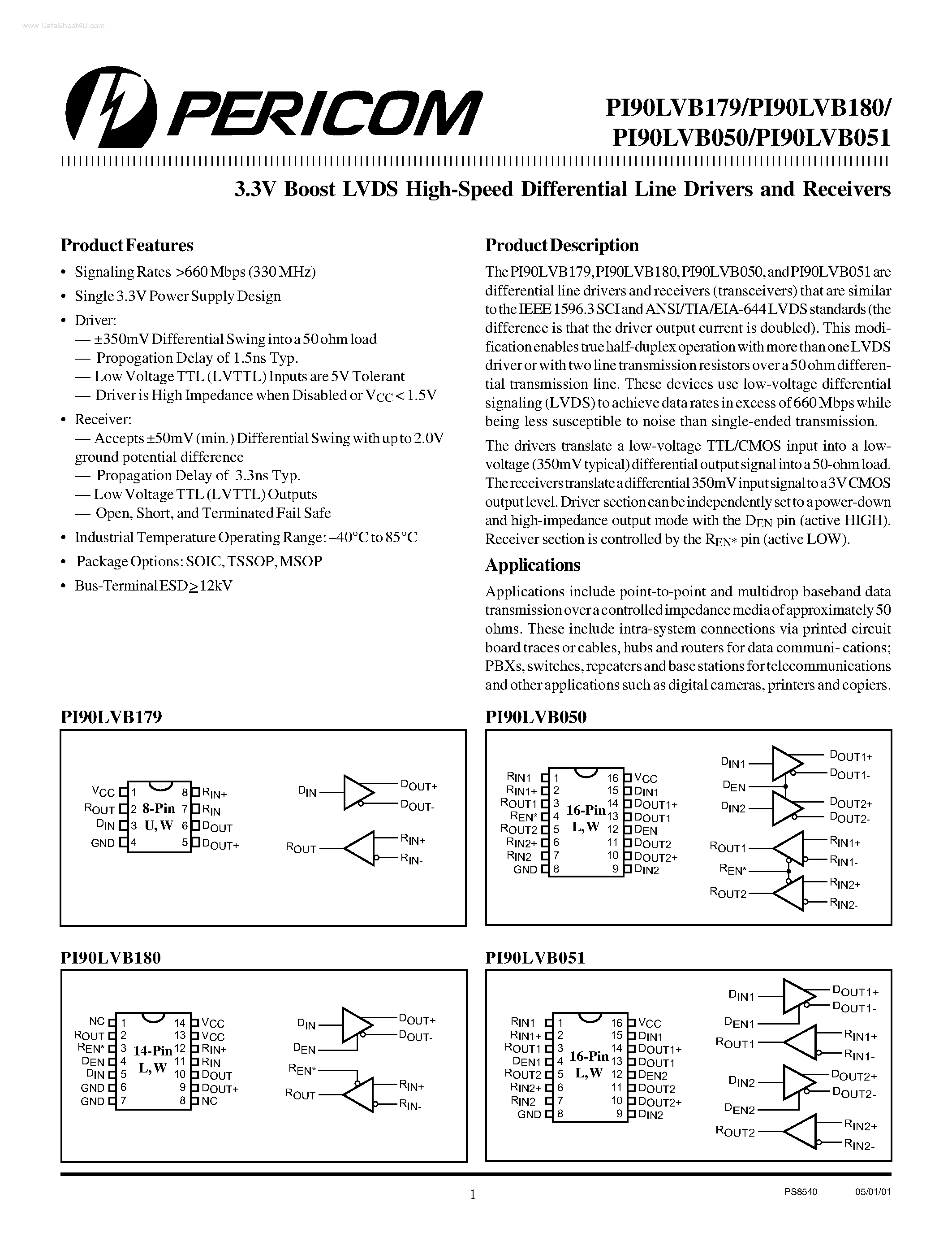 Datasheet PI90LVB050 - (PI90LVBxxx) 3.3V Boost LVDS High-Speed Differential Line Drivers and Receivers page 1