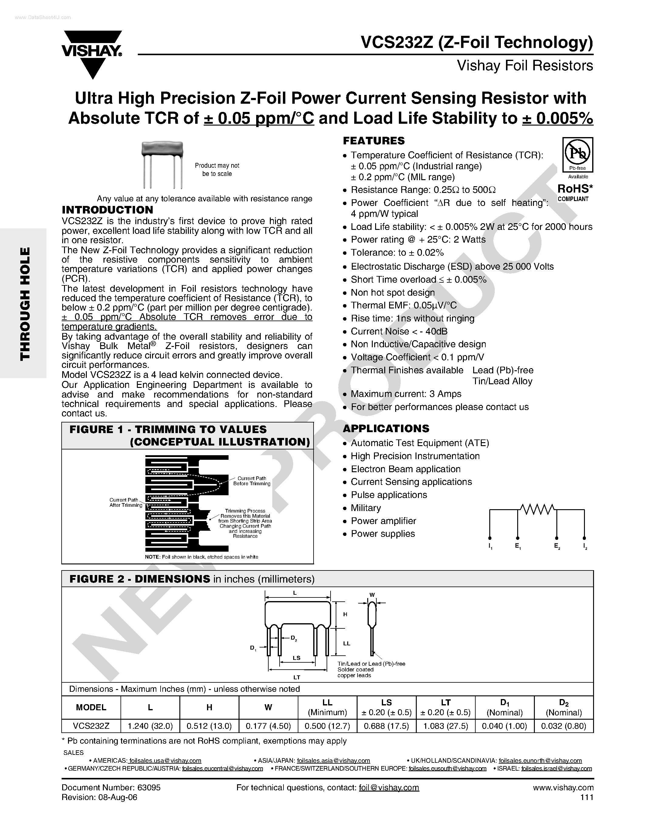 Даташит VCS232Z - Ultra High Precision Z-Foil Power Current Sensing Resistor страница 1