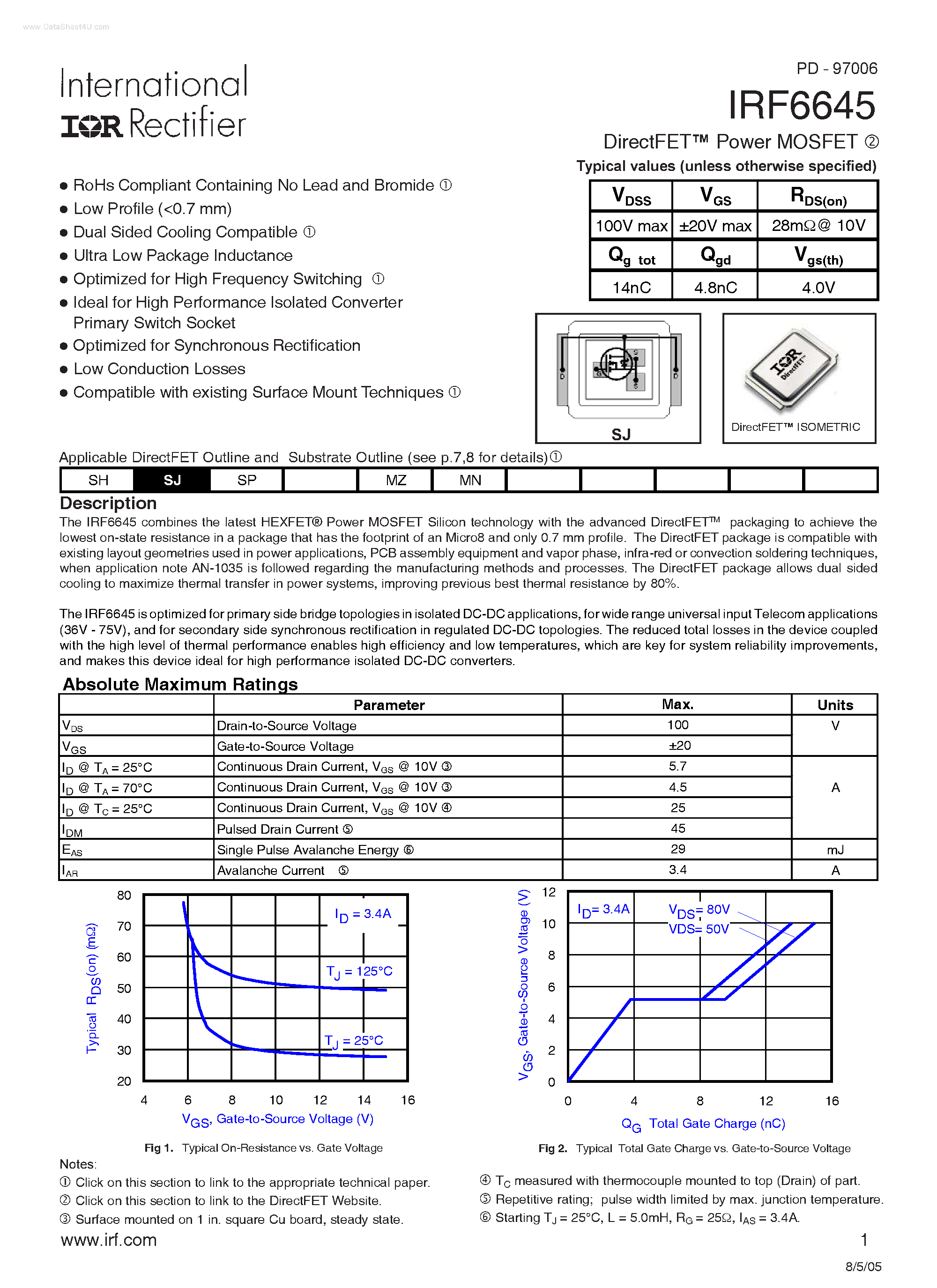 Даташит IRF6645 - DirectFET Power MOSFET Typical calues страница 1