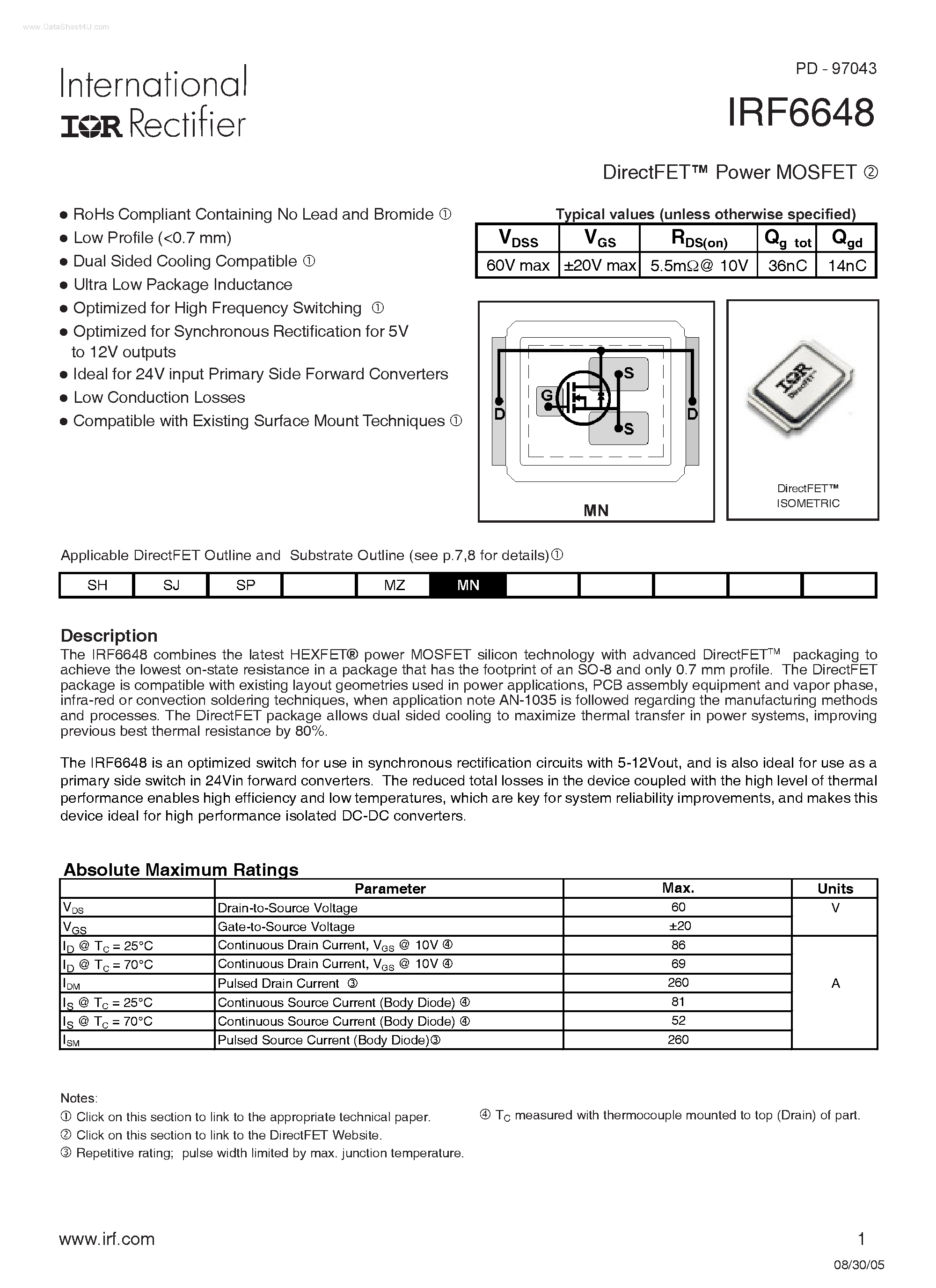 Datasheet IRF6648 - DirectFET Power MOSFET page 1