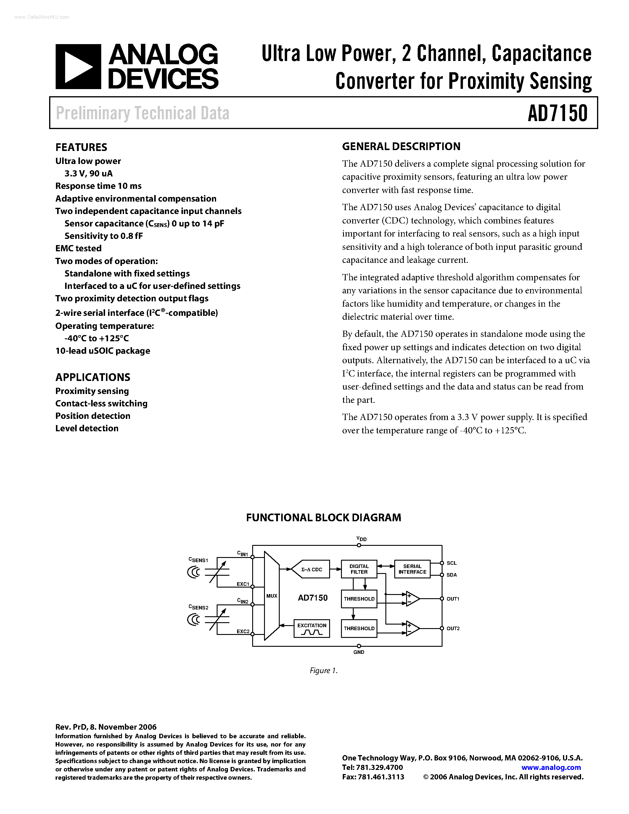 Datasheet AD7150 page 1 Datasheet AD7150 - Capacitance Converter page 1