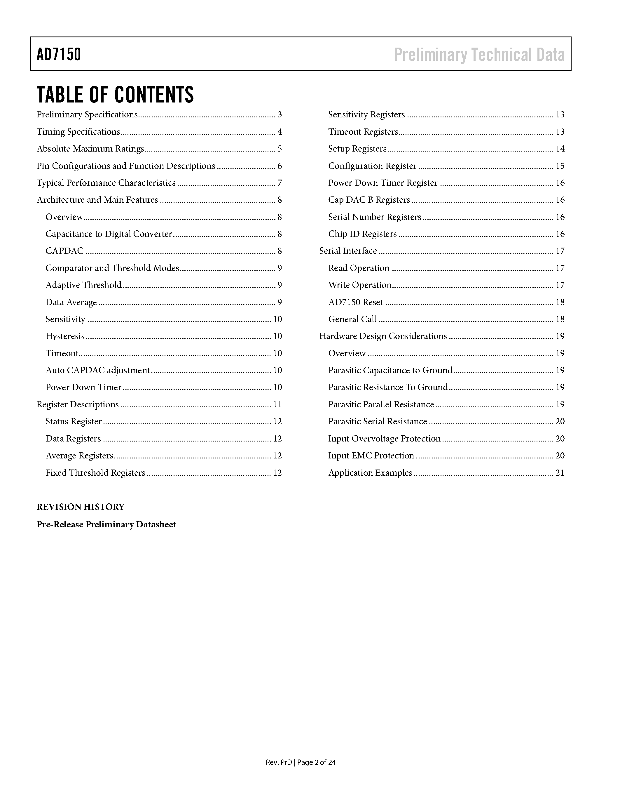 Datasheet AD7150 page 2 Datasheet AD7150 - Capacitance Converter page 2