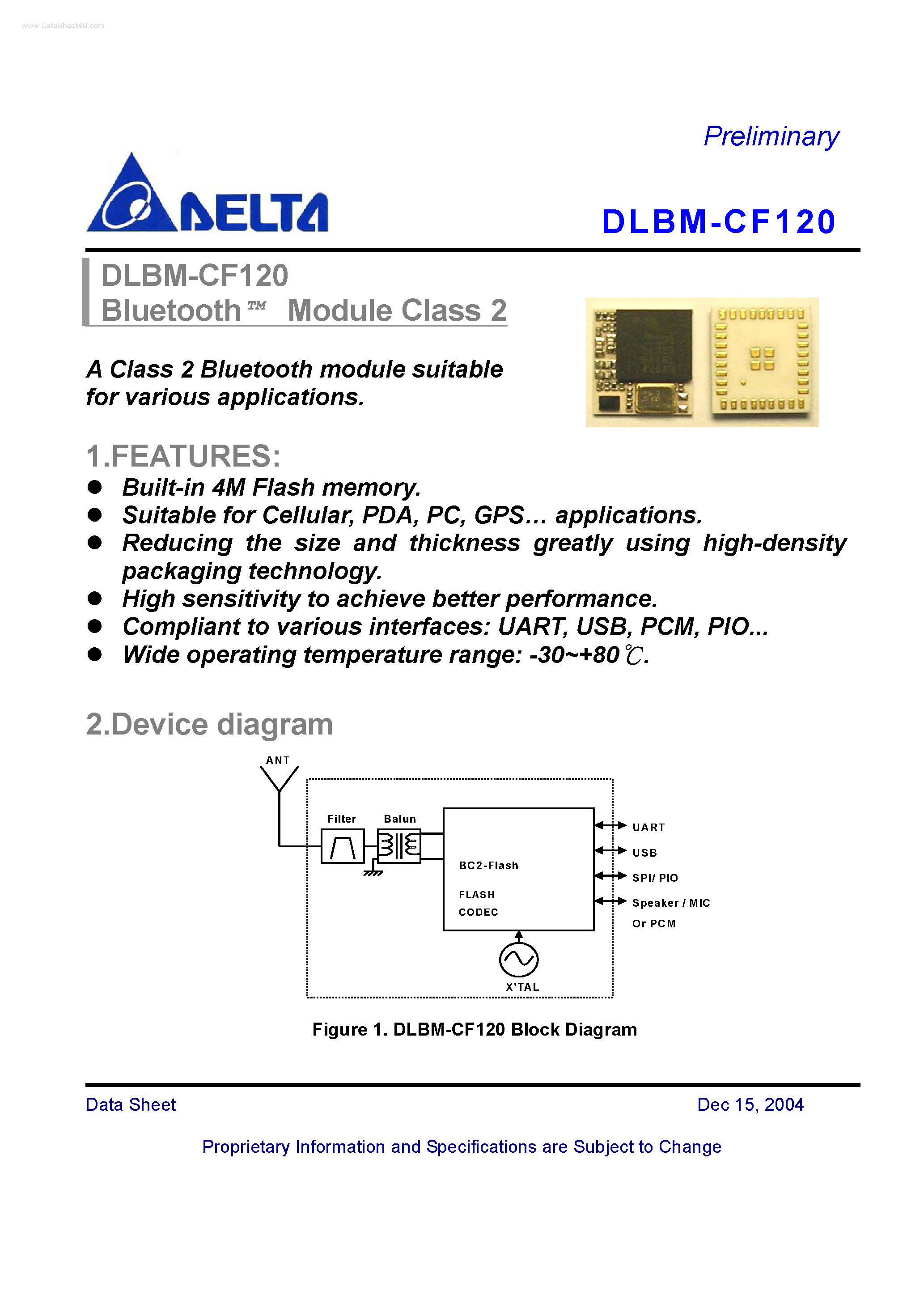 Даташит на микросхему DLBM-CF120 страница 1 Даташит DLBM-CF120 - Bluetooth Module Class 2 страница 1