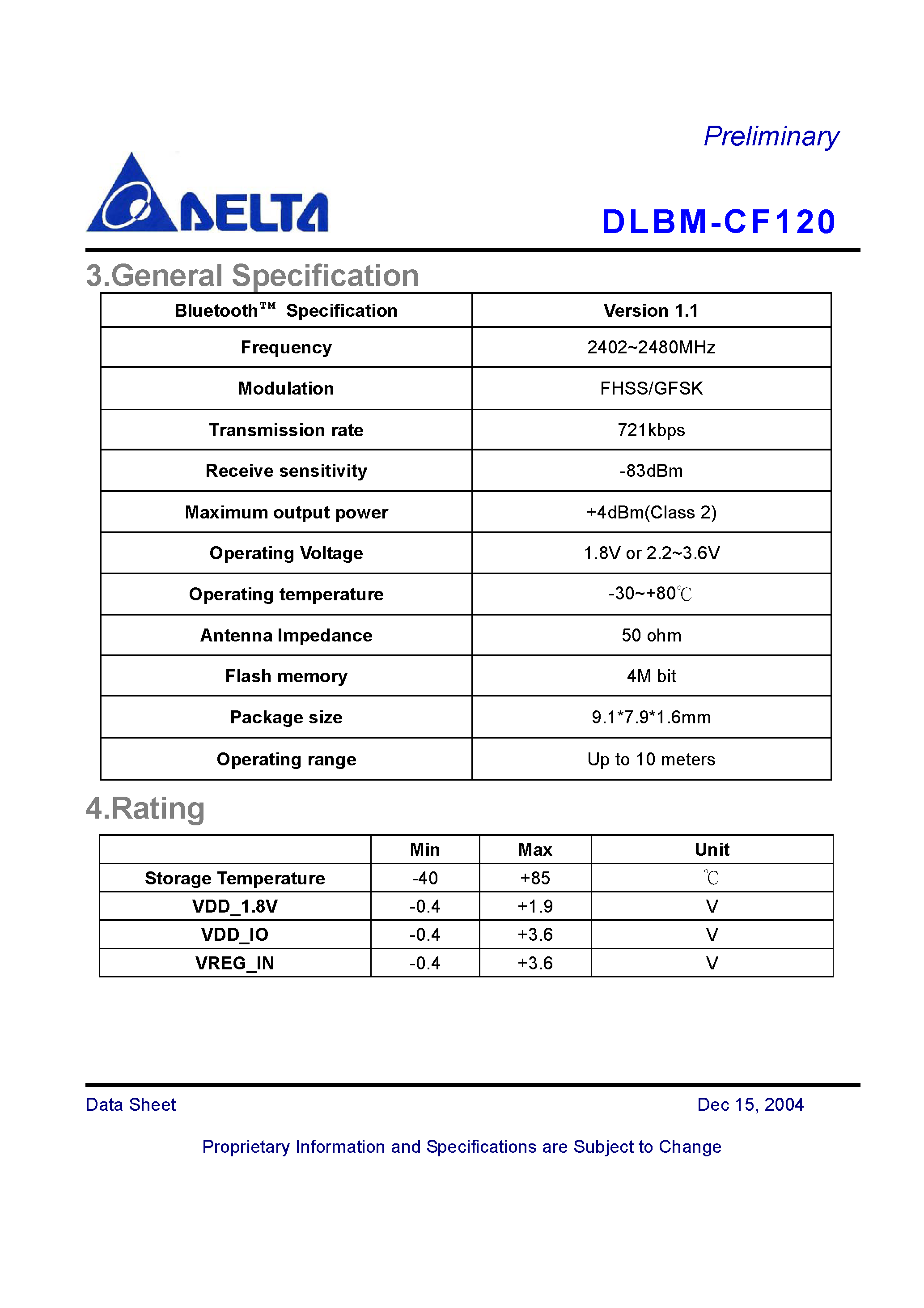 Даташит на микросхему DLBM-CF120 страница 2 Даташит DLBM-CF120 - Bluetooth Module Class 2 страница 2