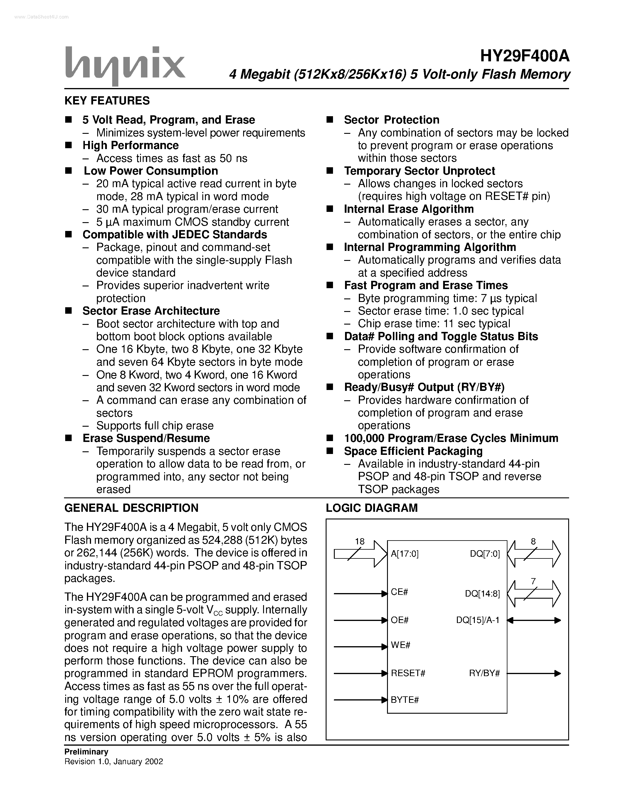 Даташит HY29F400A - 4 Megabit (512Kx8/256Kx16) 5 Volt-only Flash Memory страница 1