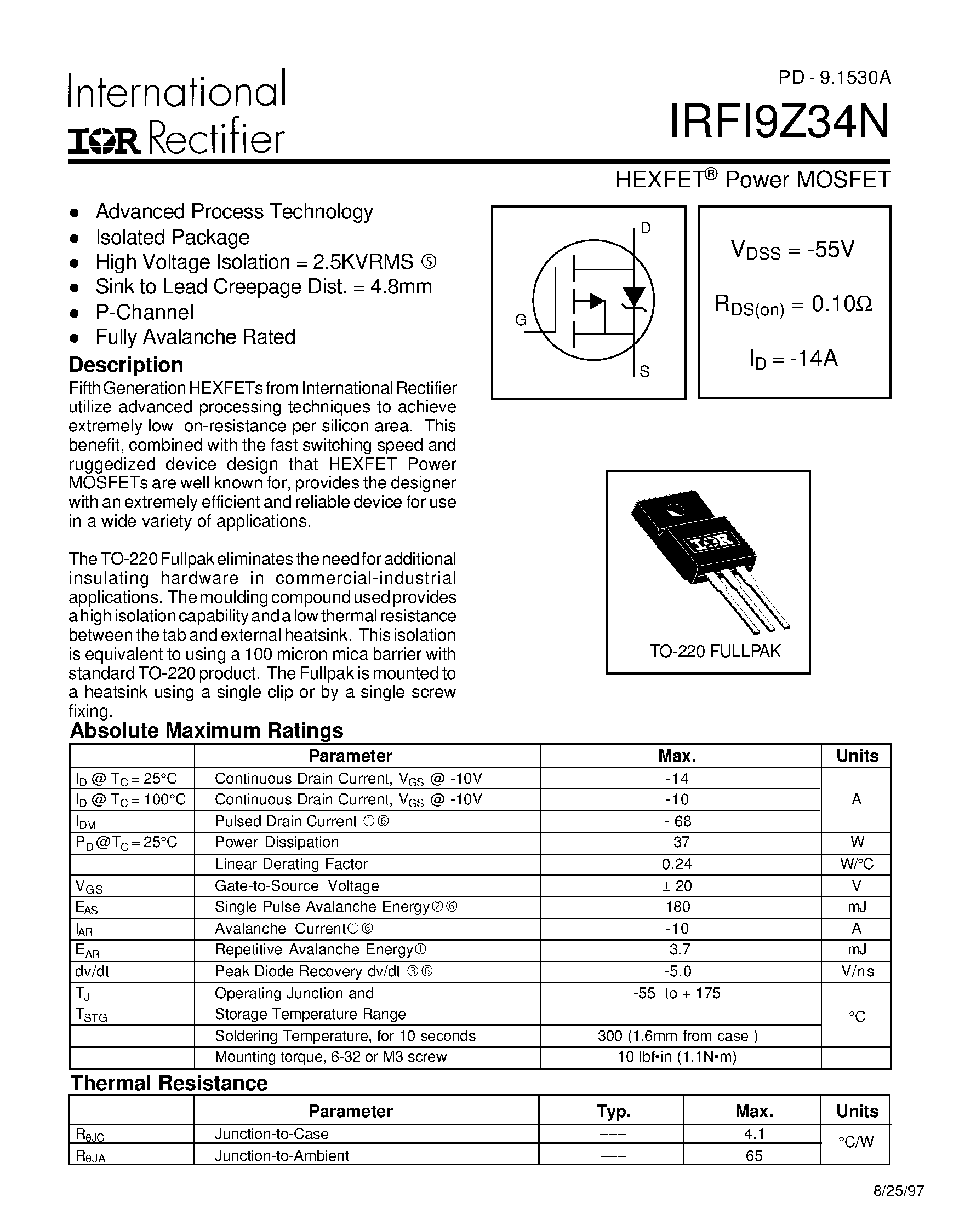Datasheet IRFI9Z34N - HEXFET Power MOSFET page 1