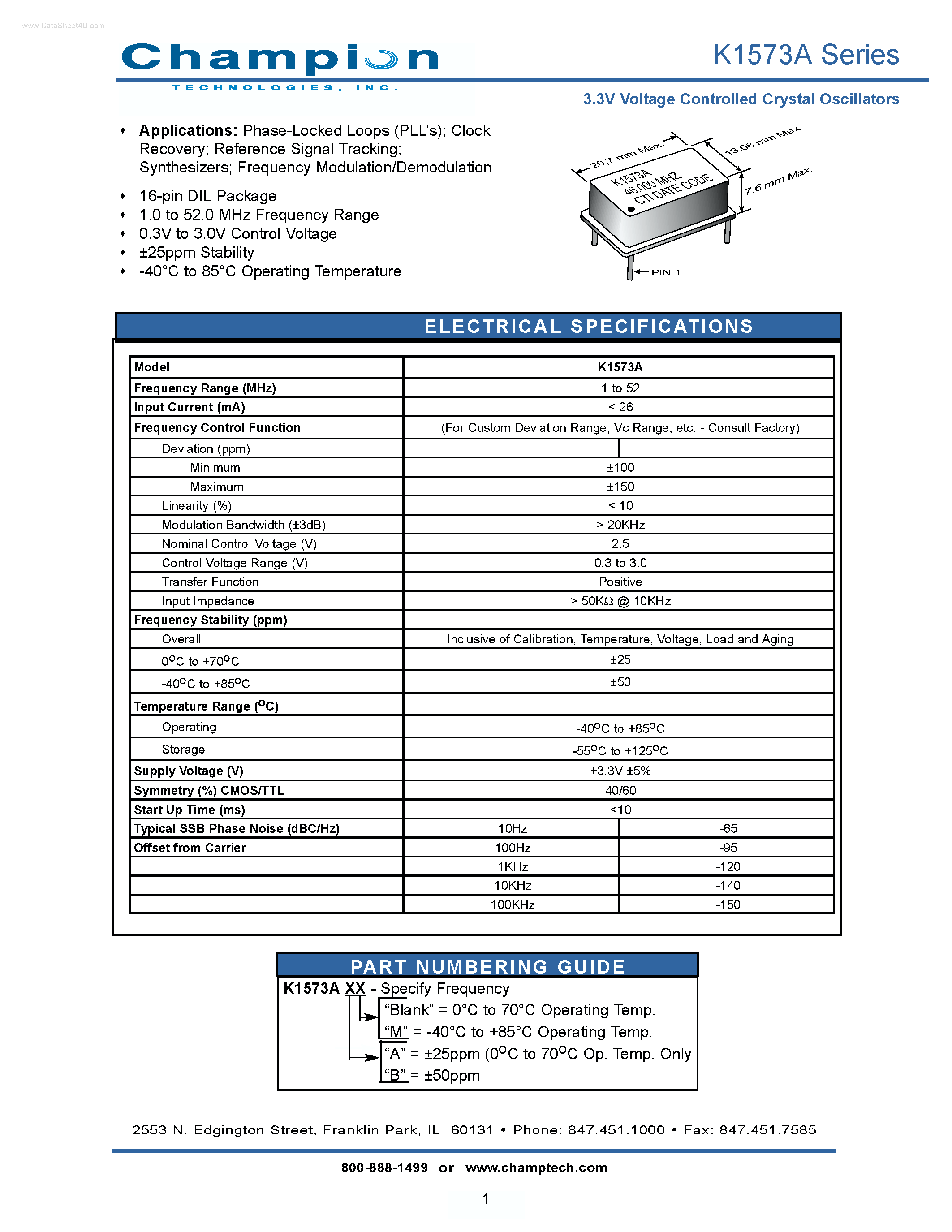 Datasheet K1573A - 3.3V Voltage Controlled Crystal Oscillators page 1