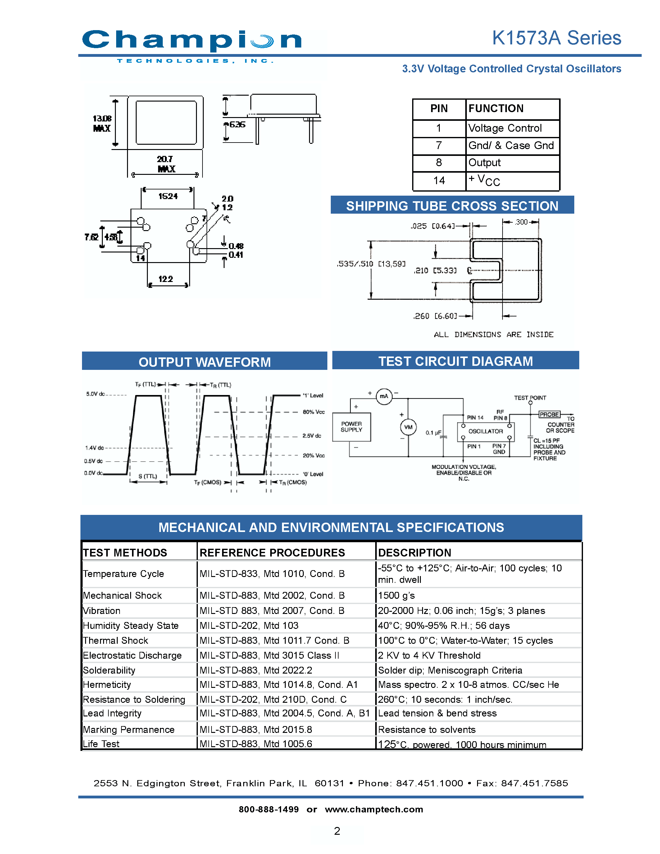 Datasheet K1573A - 3.3V Voltage Controlled Crystal Oscillators page 2