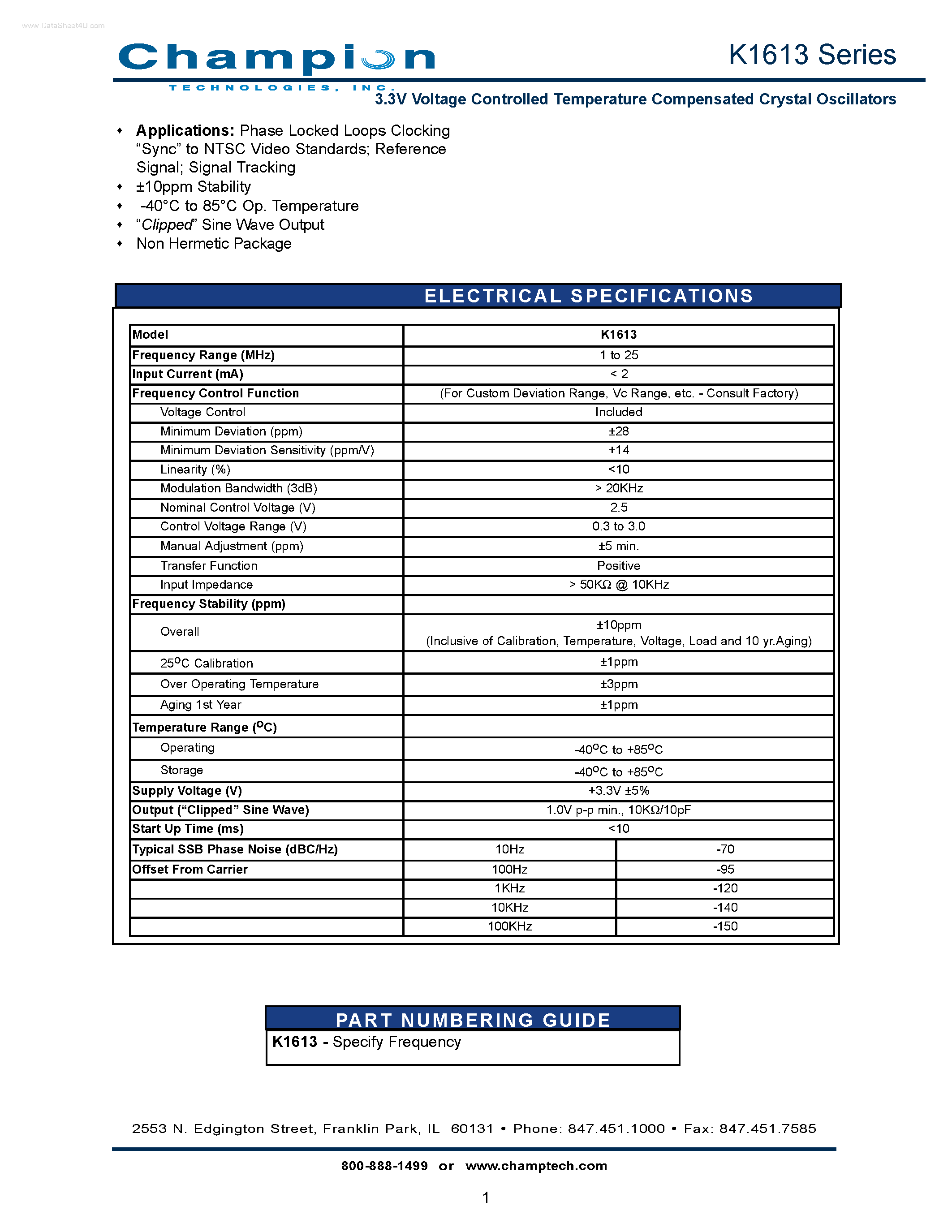 Datasheet K1613 - 3.3V Voltage Controlled Temperature Compensated Crystal Oscillators page 1