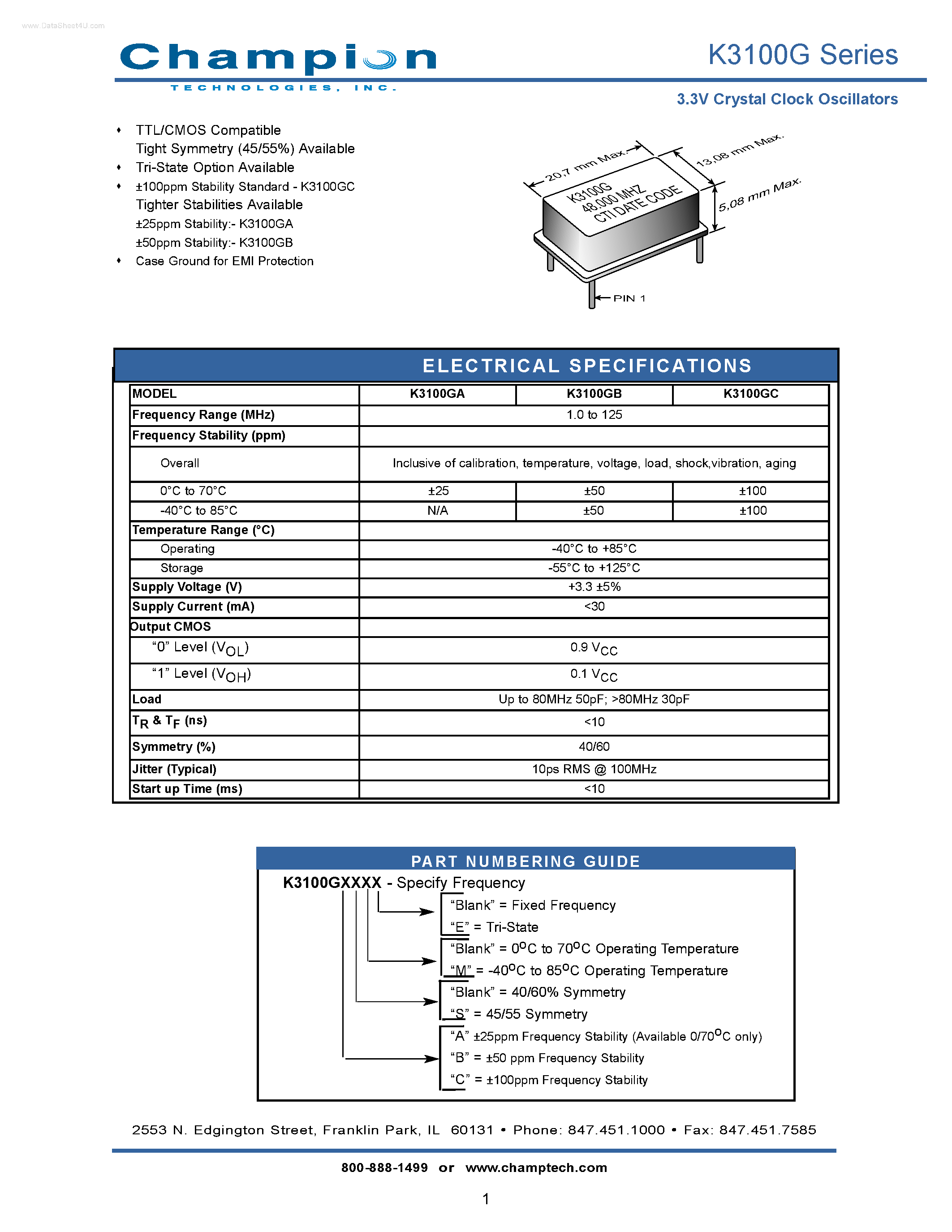 Datasheet K3100G - 3.3V Crystal Clock Oscillators page 1