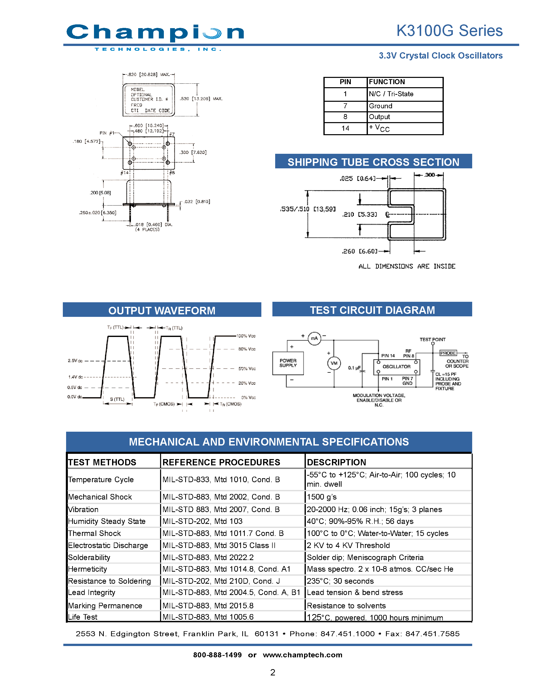Datasheet K3100G - 3.3V Crystal Clock Oscillators page 2