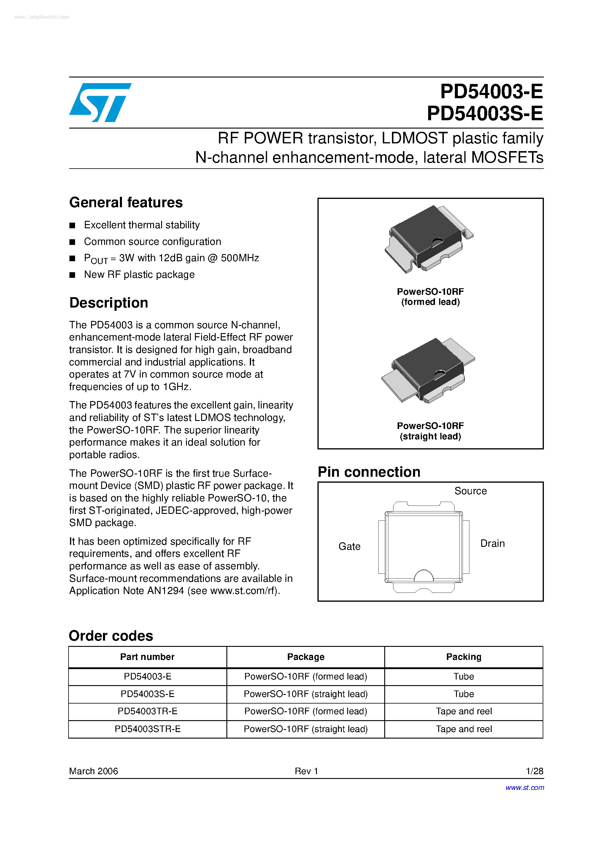 Даташит на микросхему PD54003-E страница 1 Даташит PD54003-E - RF POWER transistor страница 1