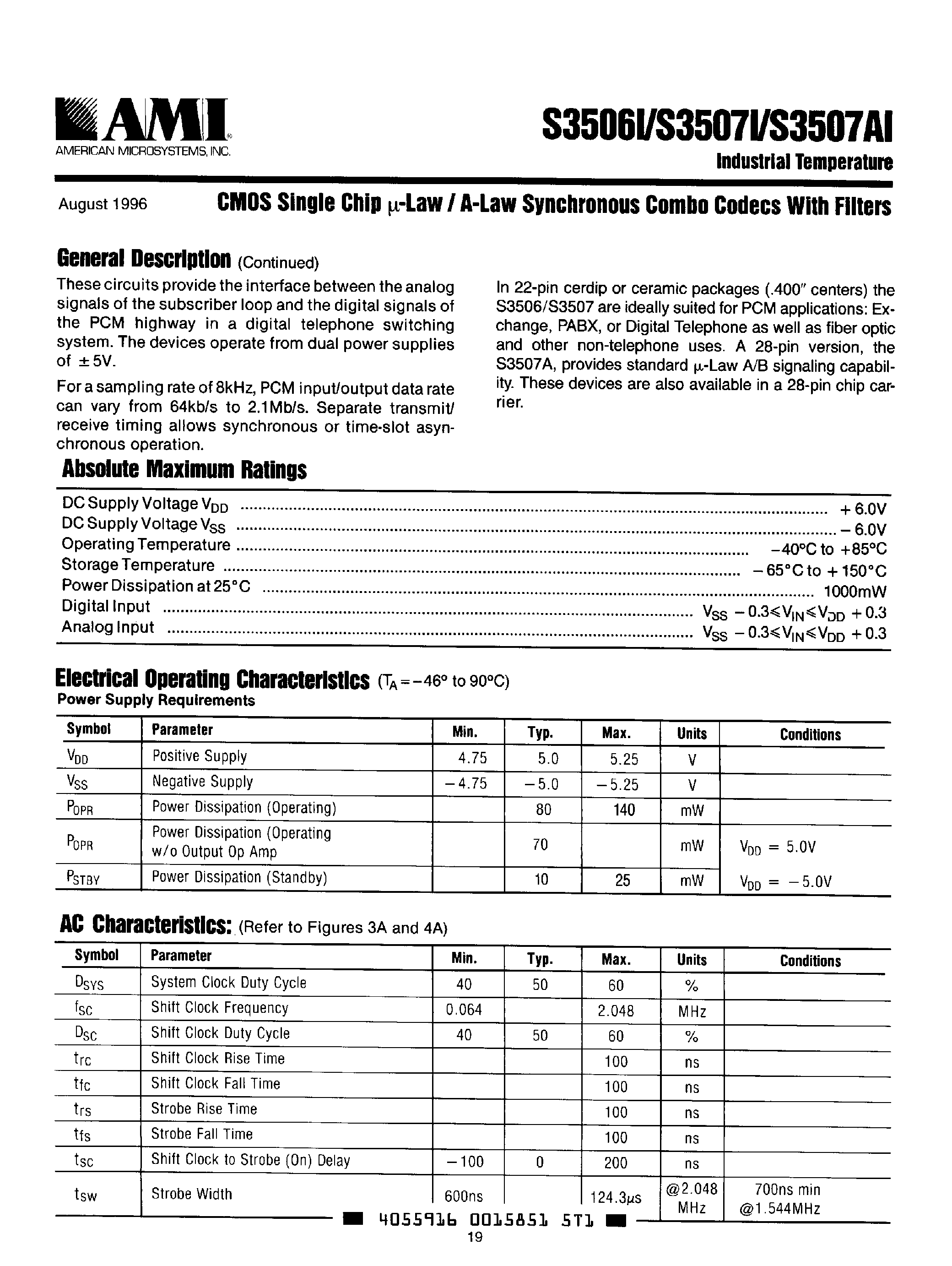 Даташит на микросхему S3506I страница 2 Даташит S3506I - (S350xI) CMOS Single Chip u-Law / A-Law Synchronous Combo Codecs страница 2
