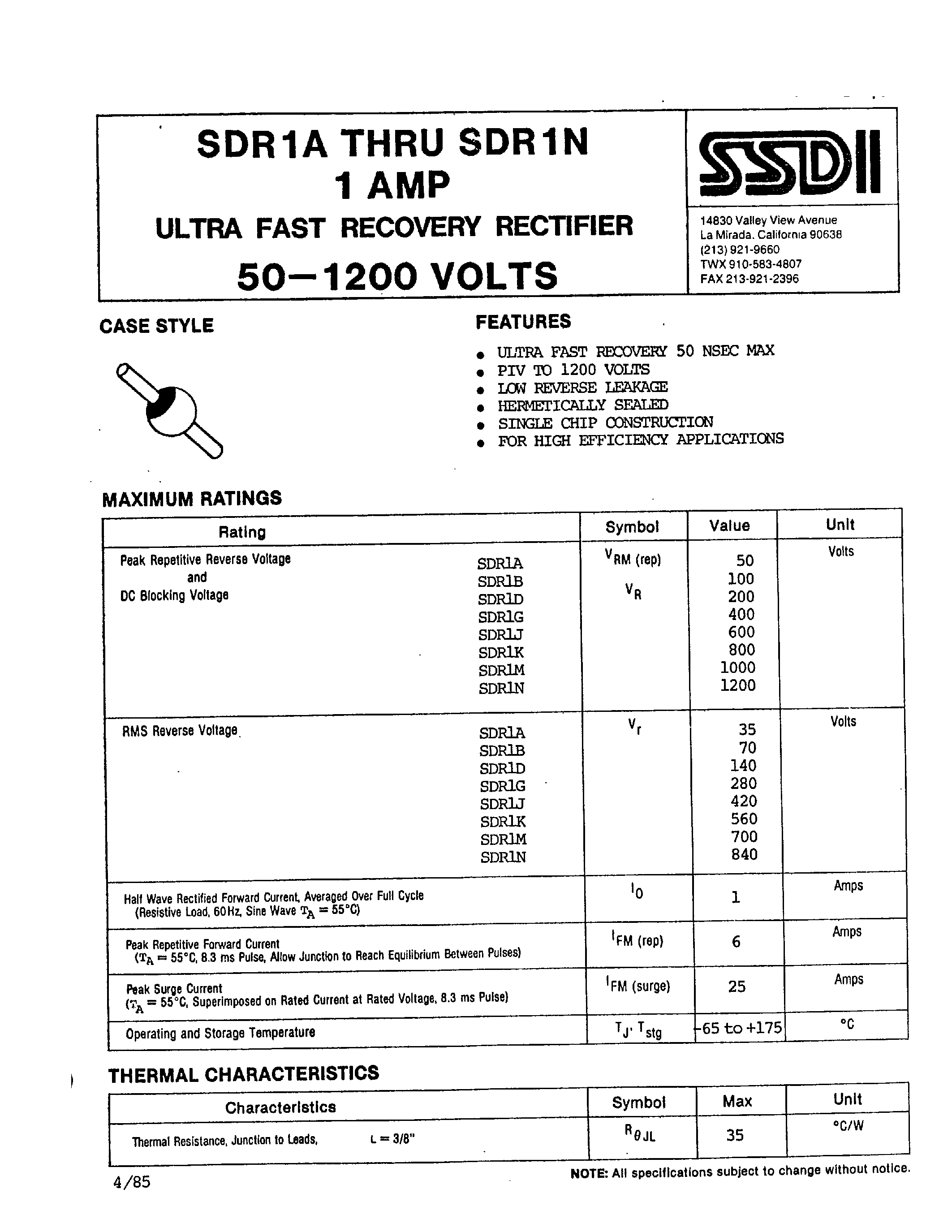 Datasheet SDR1A - (SDR1x) 1 AMP ULTRA FAST RECOVERY RECTIFIER 50-1200 VOLTS page 1