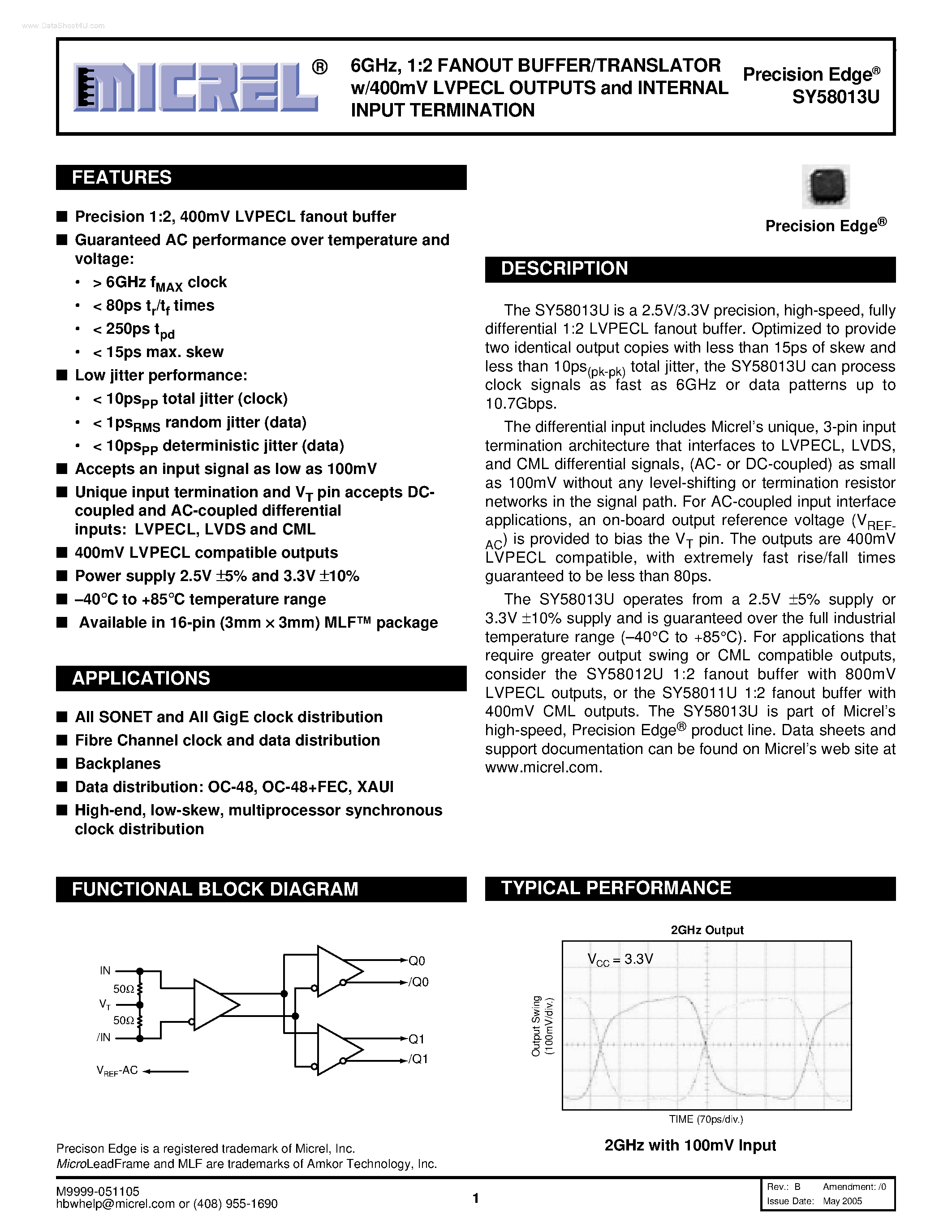 Datasheet SY58013U page 1 Datasheet SY58013U - 1:2 FANOUT BUFFER/TRANSLATOR page 1