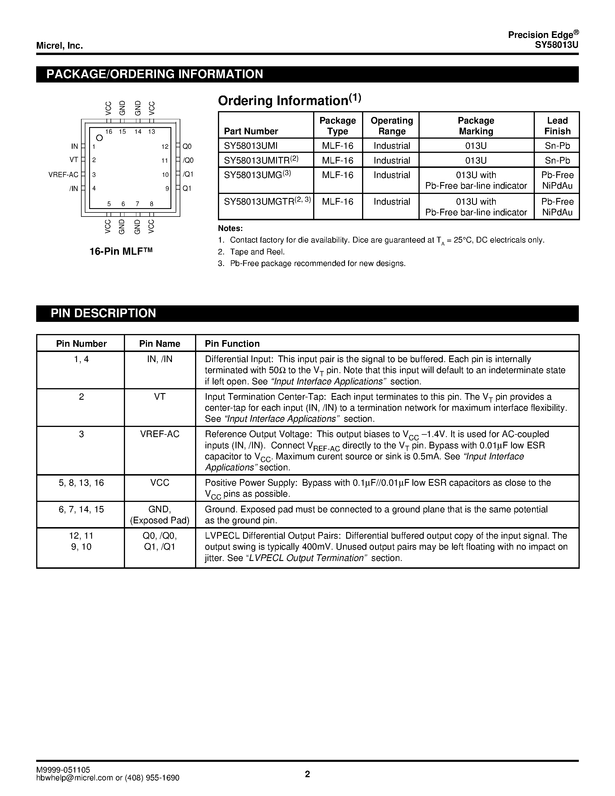 Datasheet SY58013U page 2 Datasheet SY58013U - 1:2 FANOUT BUFFER/TRANSLATOR page 2