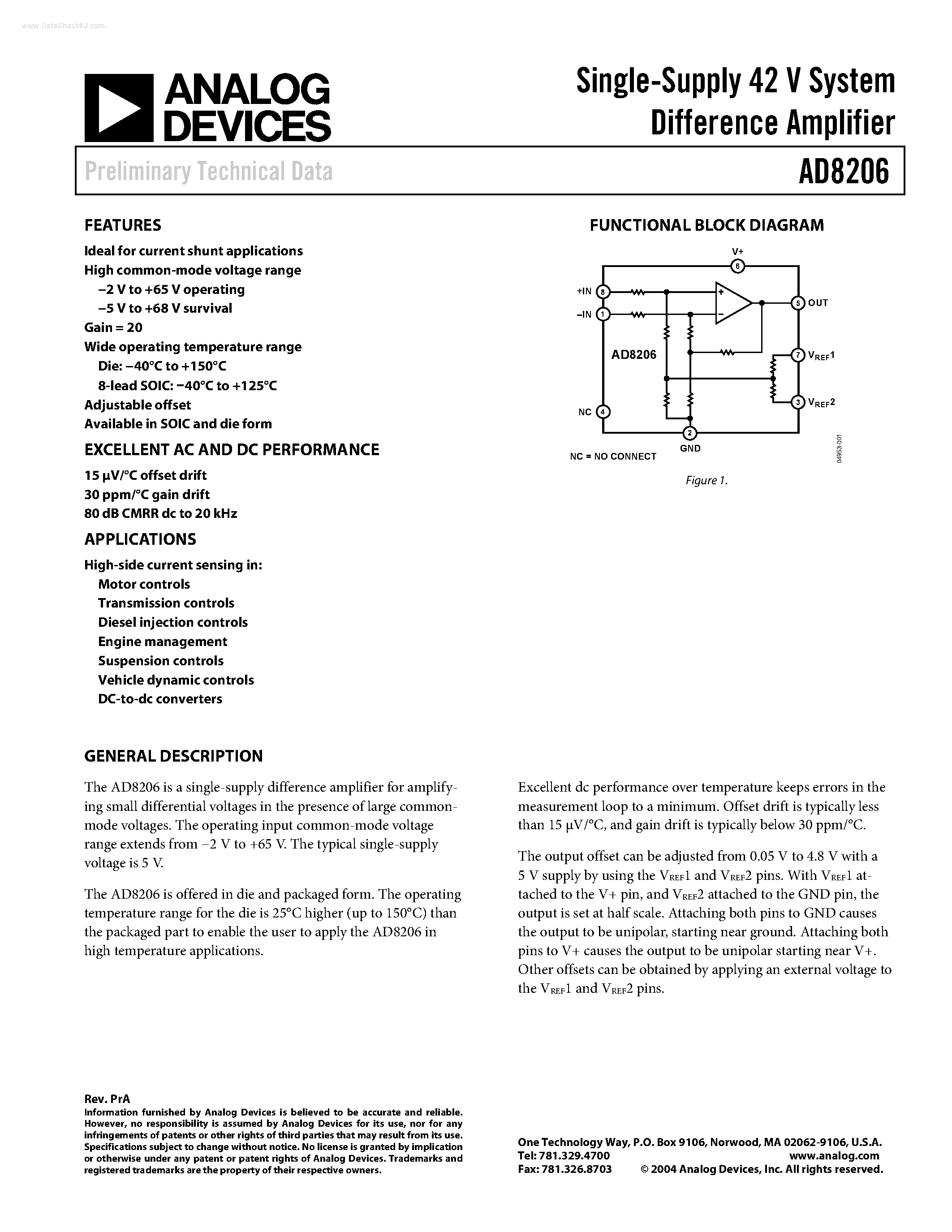 Datasheet AD8206 - Single-Supply 42 V System Difference Amplifier page 1