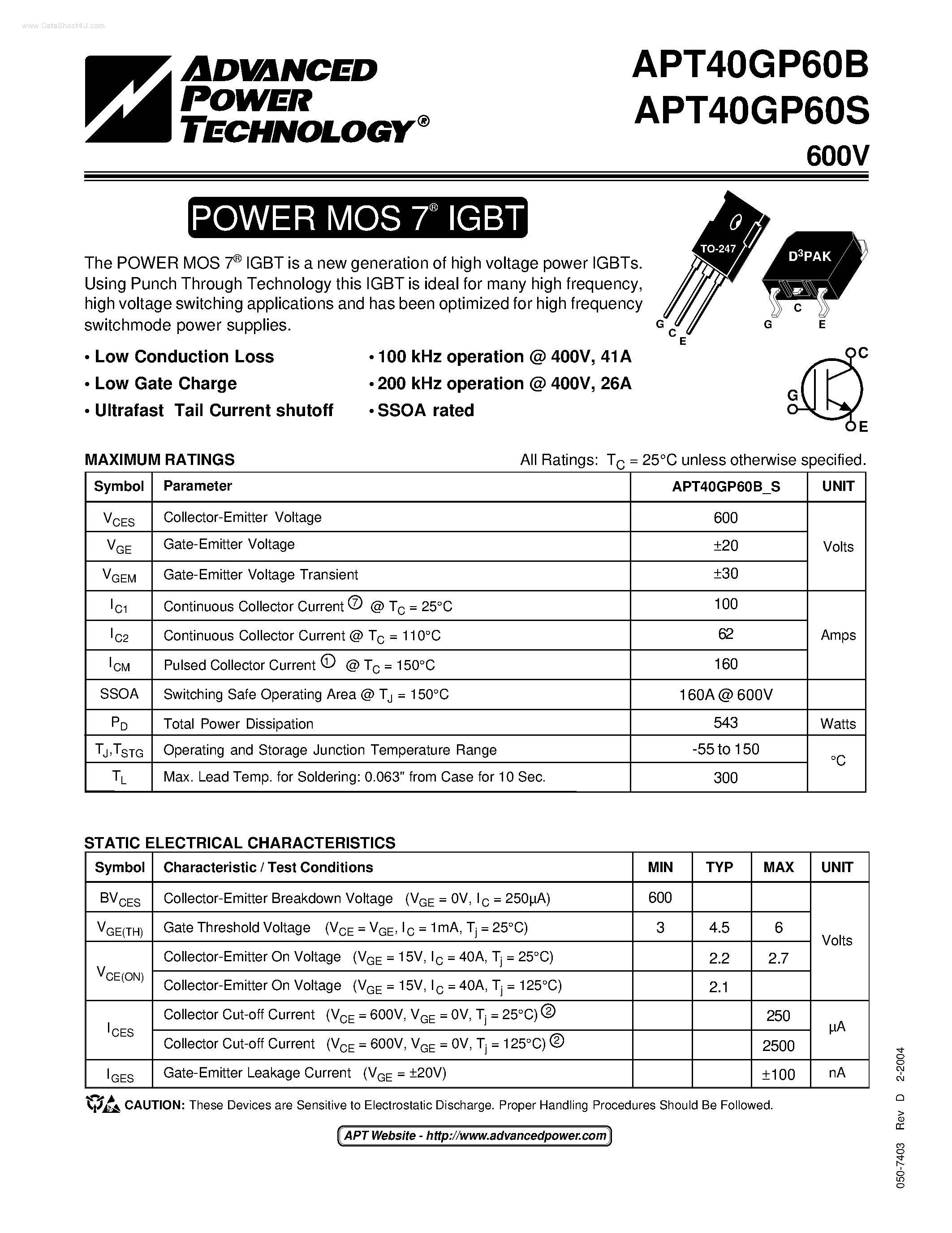 Datasheet APT40GP60B page 1 Datasheet APT40GP60B - POWER MOS 7 IGBT page 1