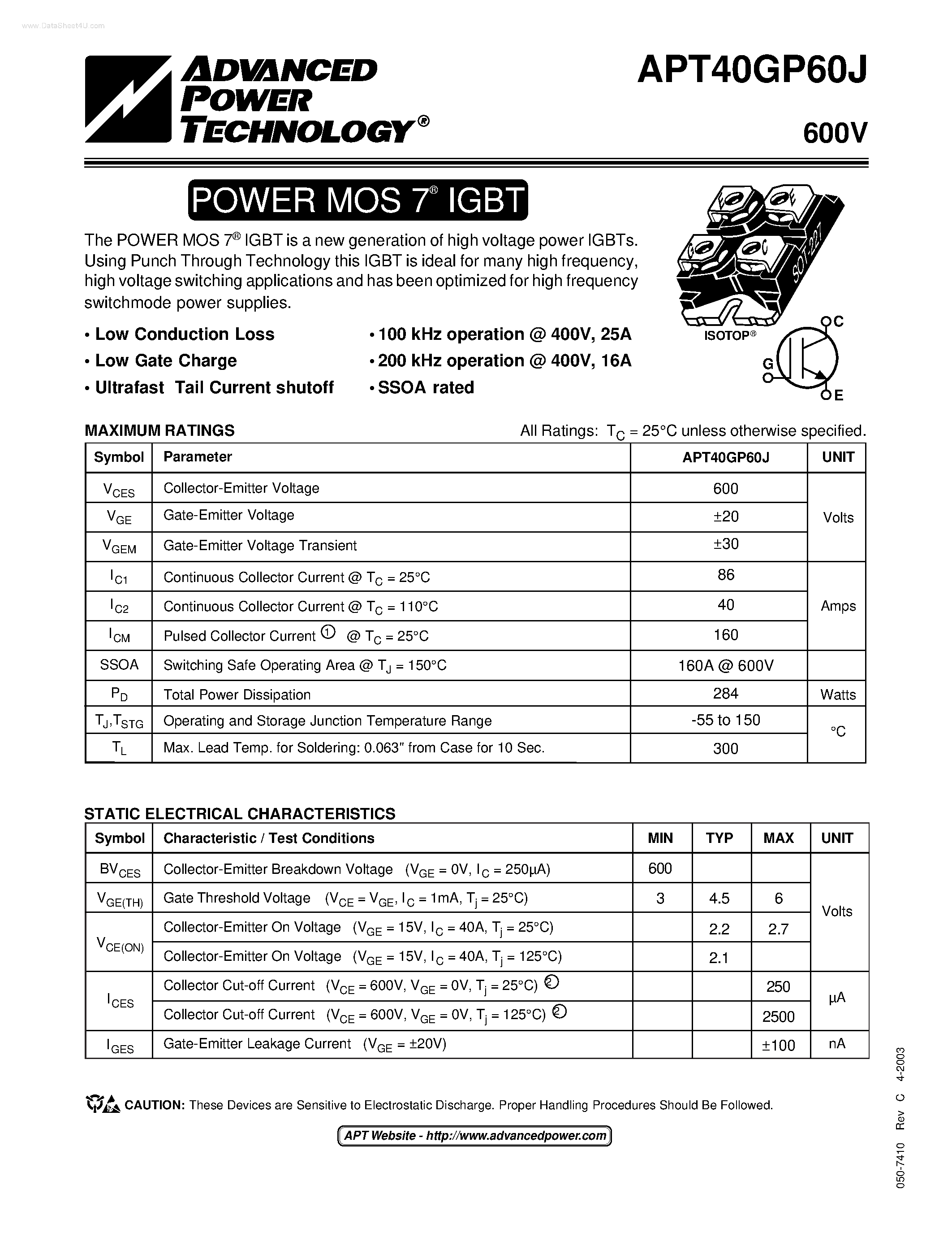 Datasheet APT40GP60J - POWER MOS 7 IGBT page 1